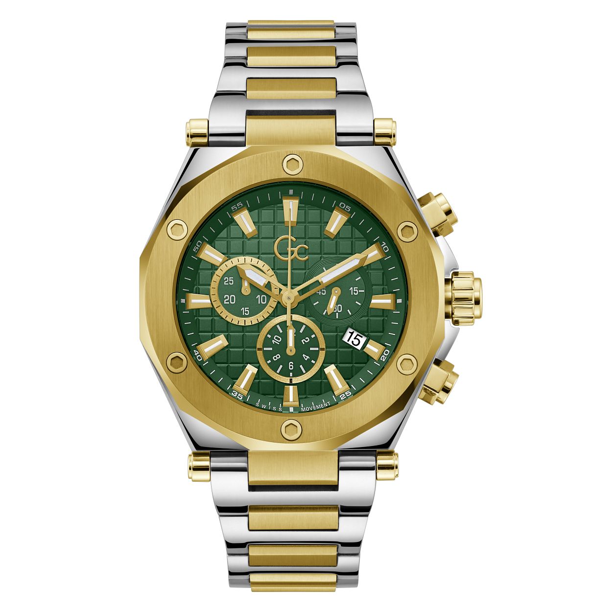 Dit sportieve two-toned herenhorloge uit de Gc Legacy serie is een echt fashionstatement! De goudkleurige chronograaf heeft een diameter van 44 mm en dankt zijn stoere look onder andere aan zijn groene wijzerplaat met goudkleurige accenten. De wijzers zijn voorzien van een Super-LumiNova coating. Dit exclusieve horloge is uitgevoerd met saffier gecoat mineraalglas en is tot 10 ATM waterdicht.