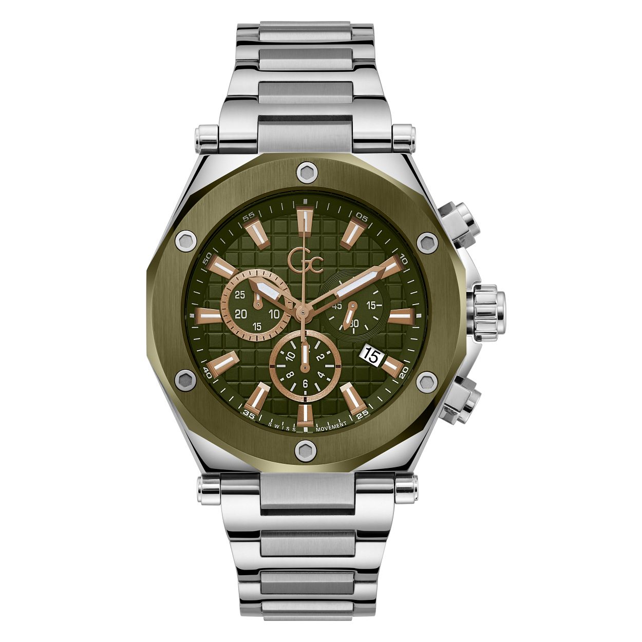 Dit stijlvolle herenhorloge uit de Gc Legacy collectie valt op door zijn bijzondere mosgroene kleur. De chronograaf heeft een diameter van 44mm en dankt zijn stoere look onder andere aan zijn groene wijzerplaat met ros�goudkleurig accenten. De dag/datum notering van deze chronograaf geven het geheel extra klasse en vorm. De 2-tone polished & brushed band sluit middels een vlindersluiting en  is tot 10 ATM waterdicht.