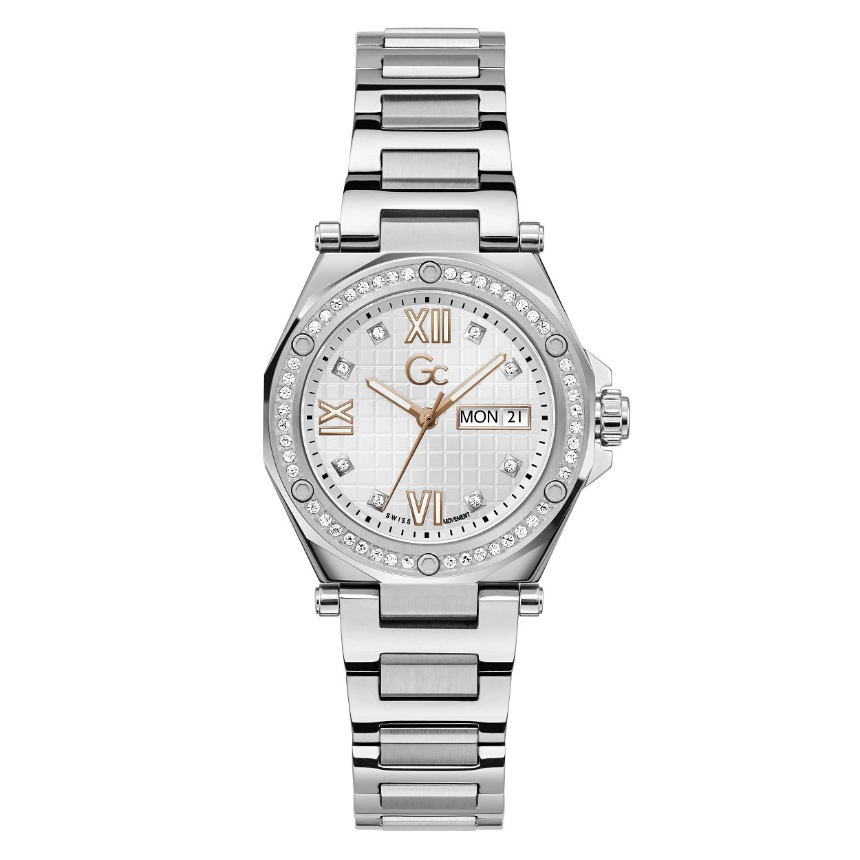Schitter en straal met dit prachtige vrouwelijke zilverkleurige day-date dameshorloge uit de Gc Legacy Lady serie. Dit horloge is echt een fashion statement en eindeloos te combineren. De witte wijzerplaat is gezet met schitterende kristallen. De kast heeft een diameter van 34 mm en de ros�goudkleurige wijzers zijn voorzien van een Super-LumiNova coating.  De 2-tone polished & brushed band die sluit middels een vlindersluiting geeft dit horloge een stoere touch. Het horloge is tot 10 ATM waterdicht.