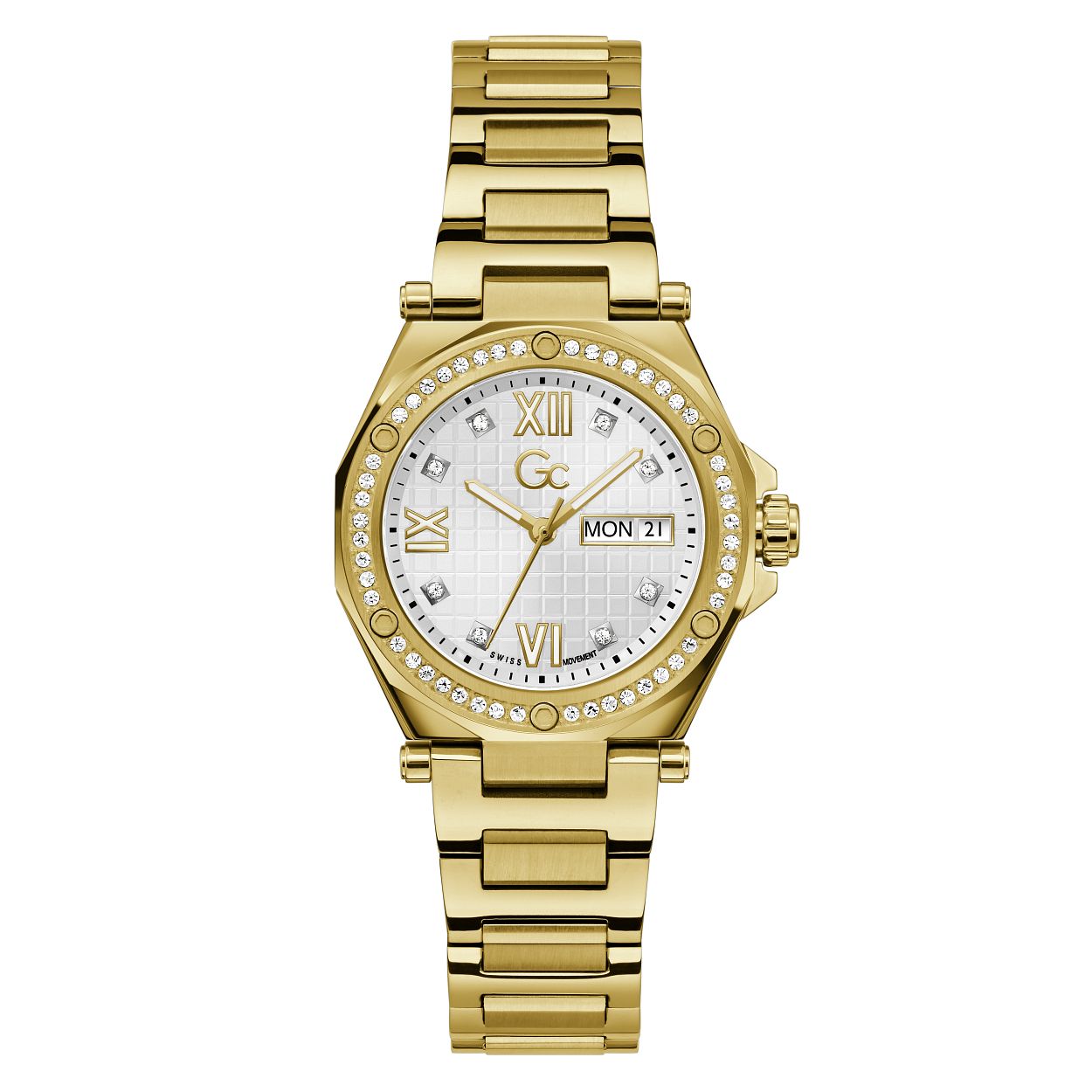Schitter en straal met dit prachtige vrouwelijke geelgoudkleurige day-date dameshorloge uit de Gc Legacy Lady serie. Dit horloge is echt een fashion statement en eindeloos te combineren. De witte wijzerplaat is gezet met schitterende kristallen. De kast heeft een diameter van 34 mm en de geelgoudkleurige wijzers zijn voorzien van een Super-LumiNova coating.  De 2-tone polished & brushed band die sluit middels een vlindersluiting geeft dit horloge een stoere touch. Het horloge is tot 10 ATM waterdicht.
