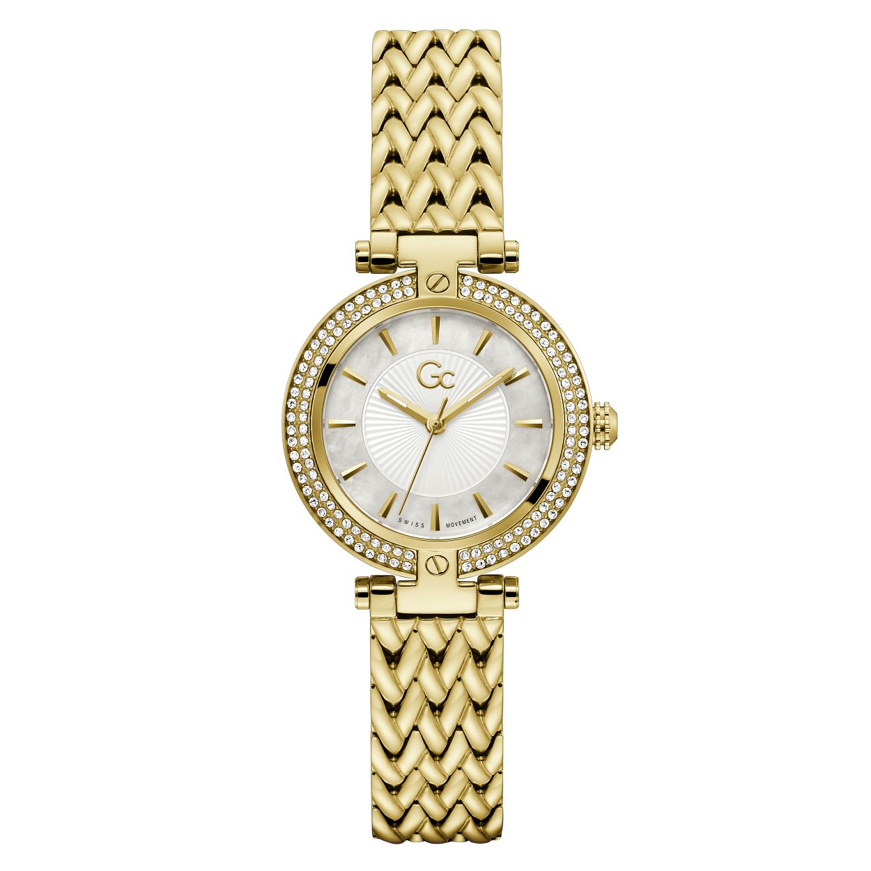 Een klassieker met een twist! De parelmoer wijzerplaat met guilloche middelpunt is omringd door een lunet gezet met schitterende kristallen. De opvallende band op dit model uit de Gc Sport Chic collectie is gevlochten en sluit middels een vouwsluiting, het horloge is 10 ATM waterdicht.