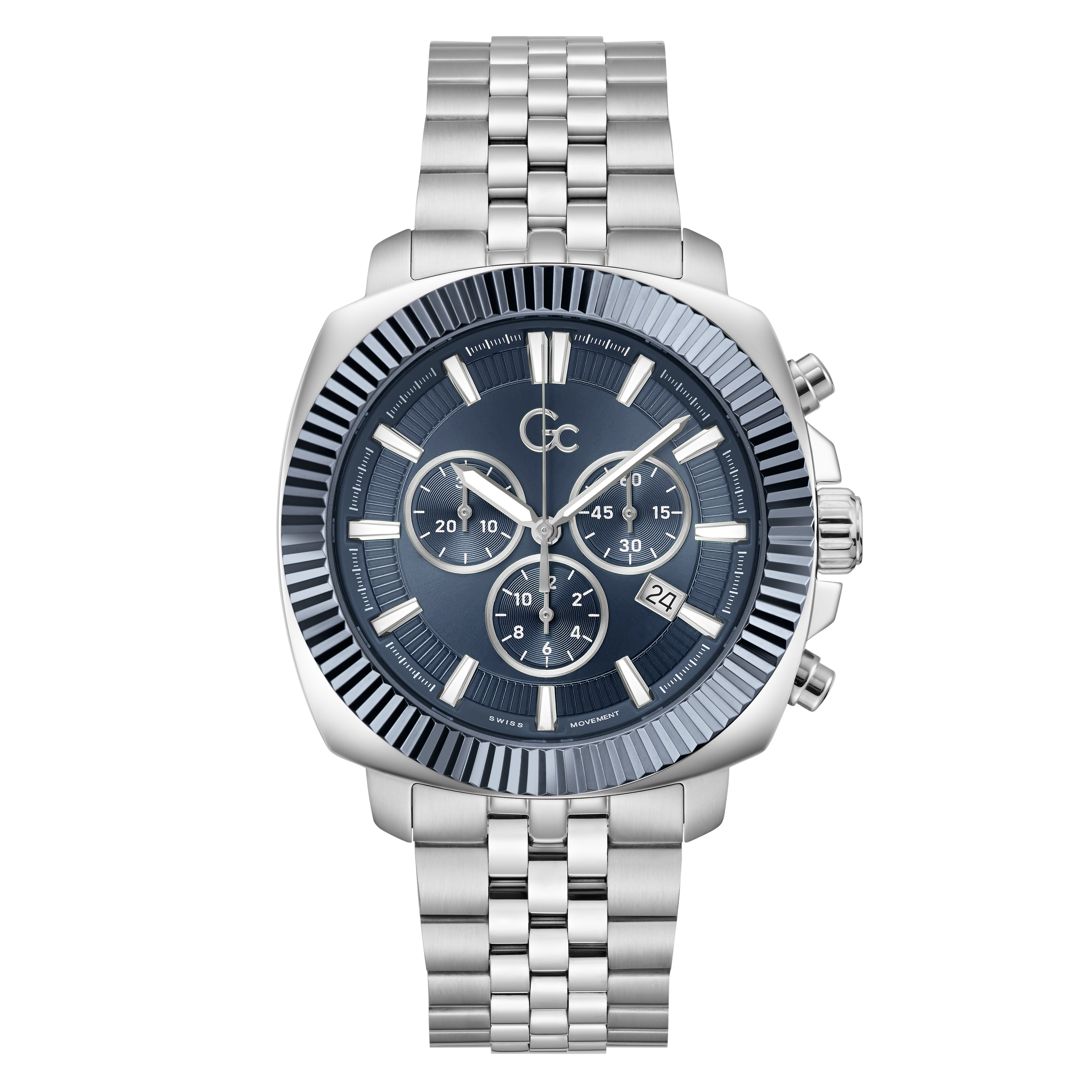 Dit prachtige zilveren horloge van Gc is een echte eyecatcher met zijn blauwe wijzerplaat, datumweergave en chronograaf-functie. De geribbelde lunet voegt een extra vleugje elegantie toe aan dit horloge. Met zijn stijlvolle design en functionaliteit is dit horloge een must-have accessoire voor iedereen die op zoek is naar een combinatie van klasse en precisie. Het is de perfecte metgezel voor zowel formele als informele gelegenheden. Een tijdloos stuk dat zeker bewonderende blikken zal trekken.