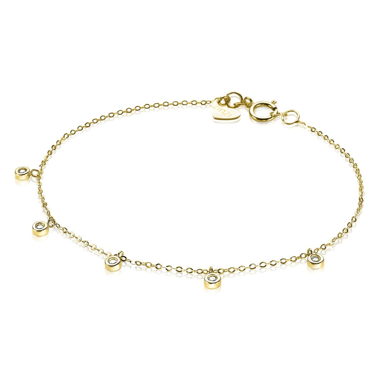 ZINZI Gold 14 karaat gouden armband met fijne jasseron schakel en vijf rond gezette witte zirconia hangertjes, gelijkmatig verdeeld over de gouden armband. Vervaardigd van geheel 14 karaat goud (585). En herkenbaar ‘Zinzi’ door het kleine gouden Zinzi hartje bij de sluitin