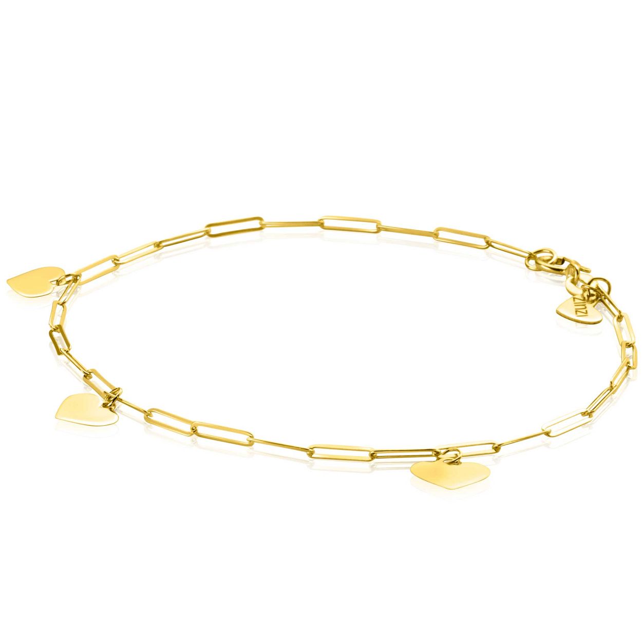 ZINZI Gold 14 krt gouden armband met trendy paperclip schakels 1,8mm breed met drie gladde harten, lengte 19cm ZGA342
