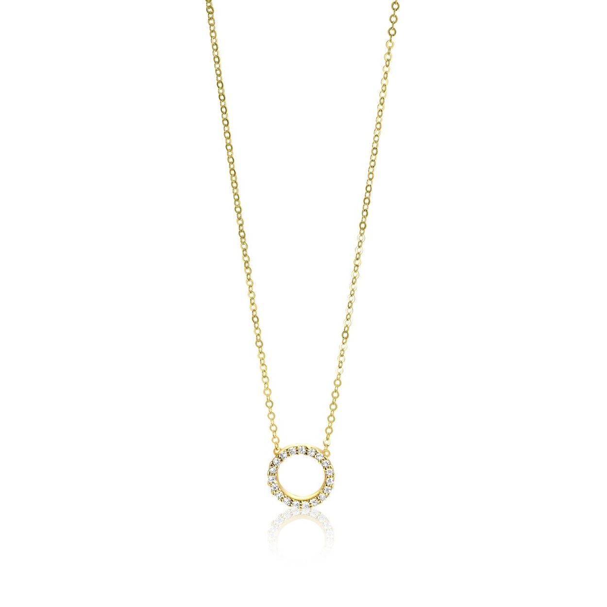 ZINZI Gold 14 karaat gouden jasseron ketting met open rondje in het midden, waarbij de rand bezet is met witte zirconia's. De lengte van de ketting varieert tussen 43cm en 45cm door het verlengstukje, zodat het trendy kort om de hals valt. Bij de sluiting is het herkenbare ZINZI hartje in goud bevestigd.