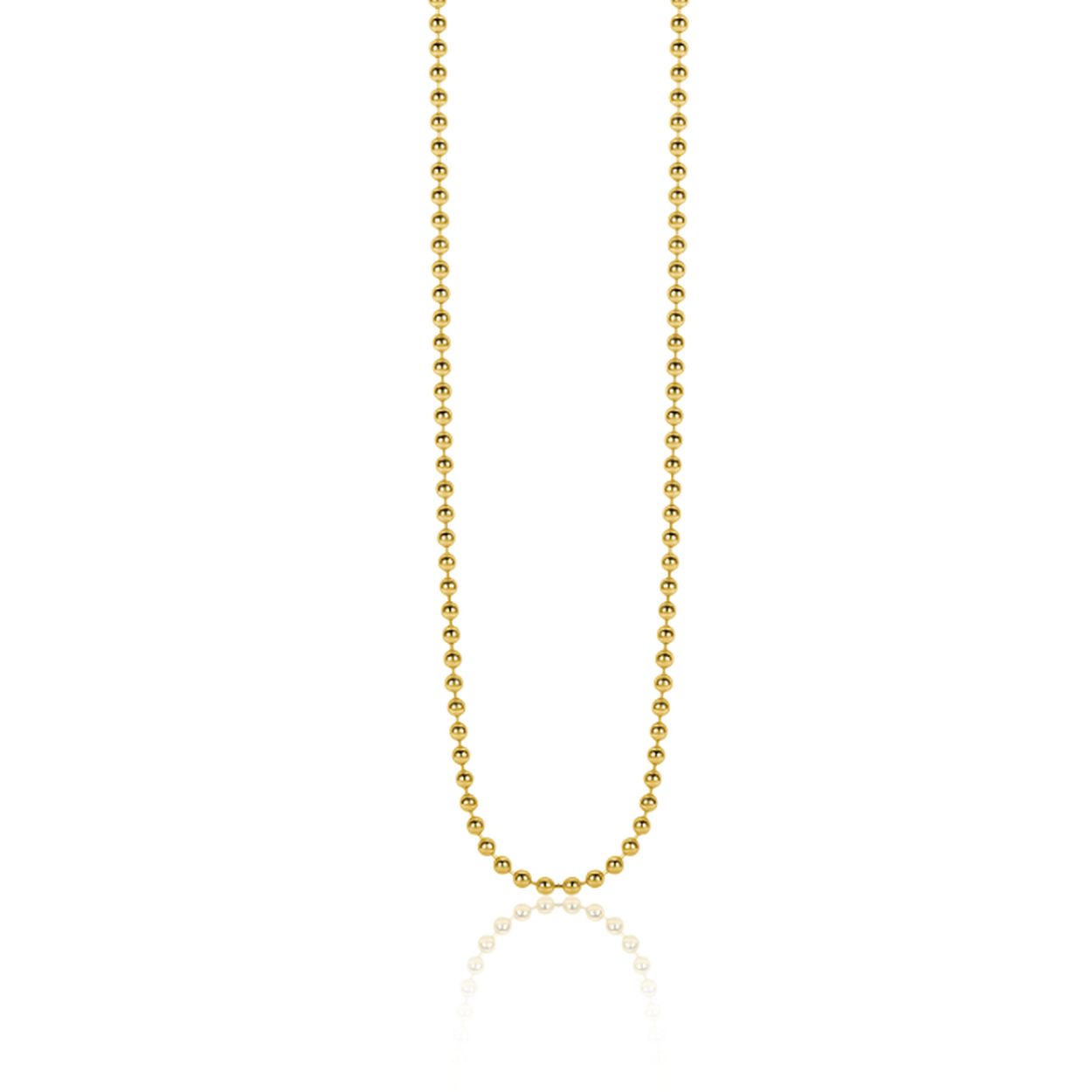 ZINZI Gold 14 karaat gouden bolletjes collier van 1,3mm breed. De lengte van het collier is 43cm. Een waardevolle versiering van de hals. Vervaardigd van geheel 14 karaat goud (585). En herkenbaar 'Zinzi' door het kleine gouden Zinzi hartje bij de sluiting.
