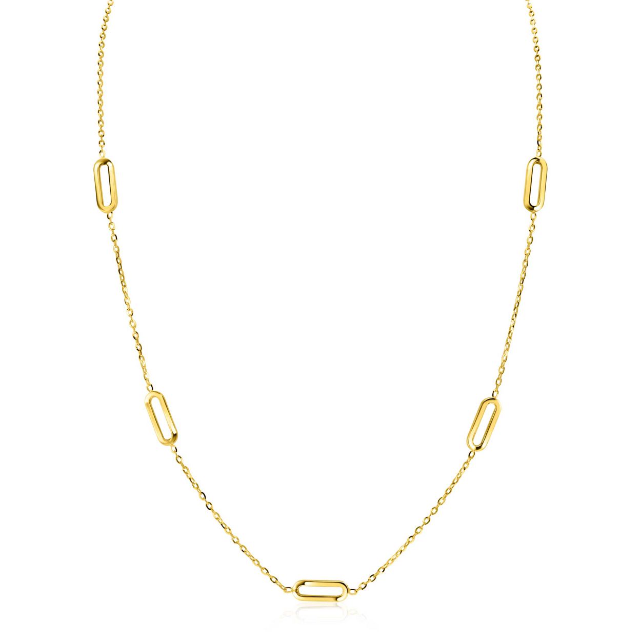 ZINZI Gold 14 karaat gouden collier met vijf trendy ovale schakels van 4mm breed. De lengte van het collier is te variëren tussen 40-45cm. Vervaardigd van geheel 14 karaat goud (585). En herkenbaar 'Zinzi' door het kleine gouden Zinzi hartje bij de sluiting.