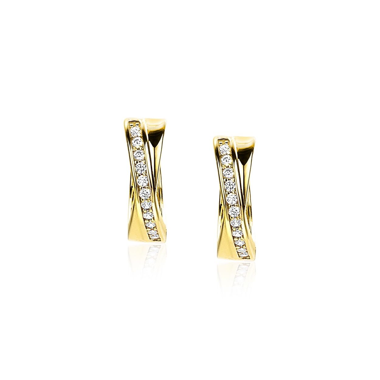 ZINZI Gold 14 karaat gouden oorringen, met kruislings bezet met schitterende witte zirconia's. Grootte is 13,5 x 4mm. Met luxe scharniersluiting. Vervaardigd van geheel 14 karaat goud (585)