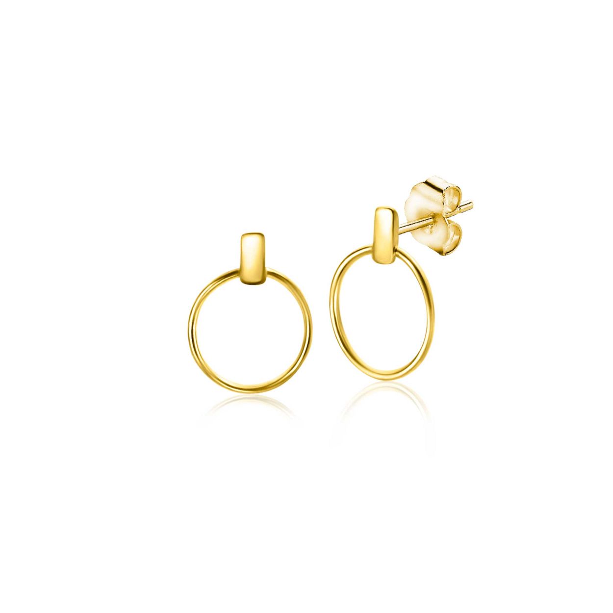 9mm ZINZI Gold 14 krt gouden oorstekers met trendy open ronde vormen en klein staafje op het oor ZGO404
