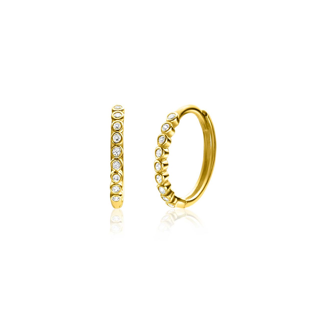 ZINZI Gold 14 karaat gouden oorringen 12mm bezet met witte zirconia's in ronde zettingen. Met luxe scharniersluiting. Grootte 12mm met een 1,5mm brede buis. Vervaardigd van geheel 14 karaat goud (585).