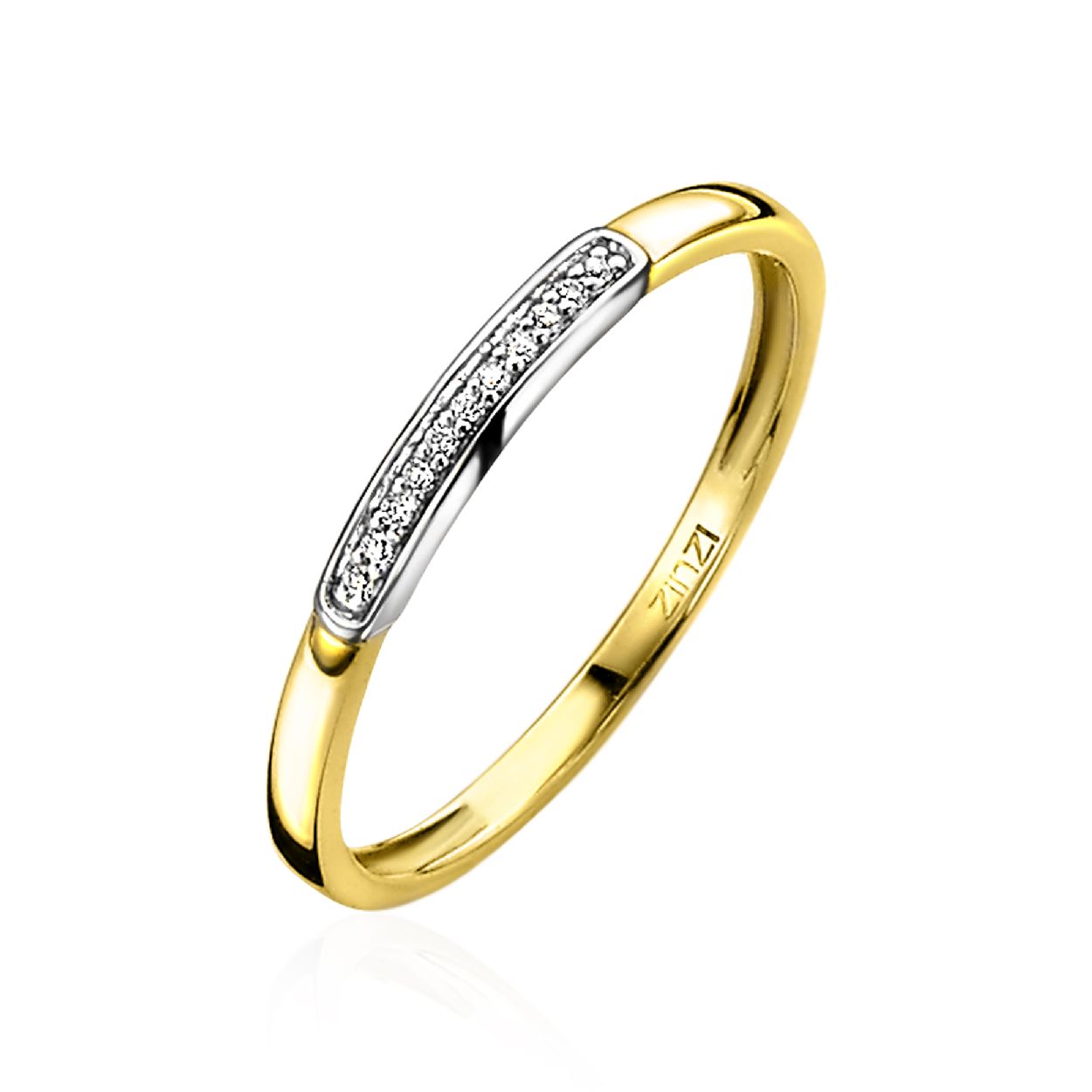 ZINZI Gold 14 karaat gouden gladde aanschuifring met bovenop een schitterende rijzetting bezet met elf witte zirconia's. Gemakkelijk te combineren met andere ZINZI Gold aanschuifringen. Vervaardigd van geheel 14 karaat goud (585