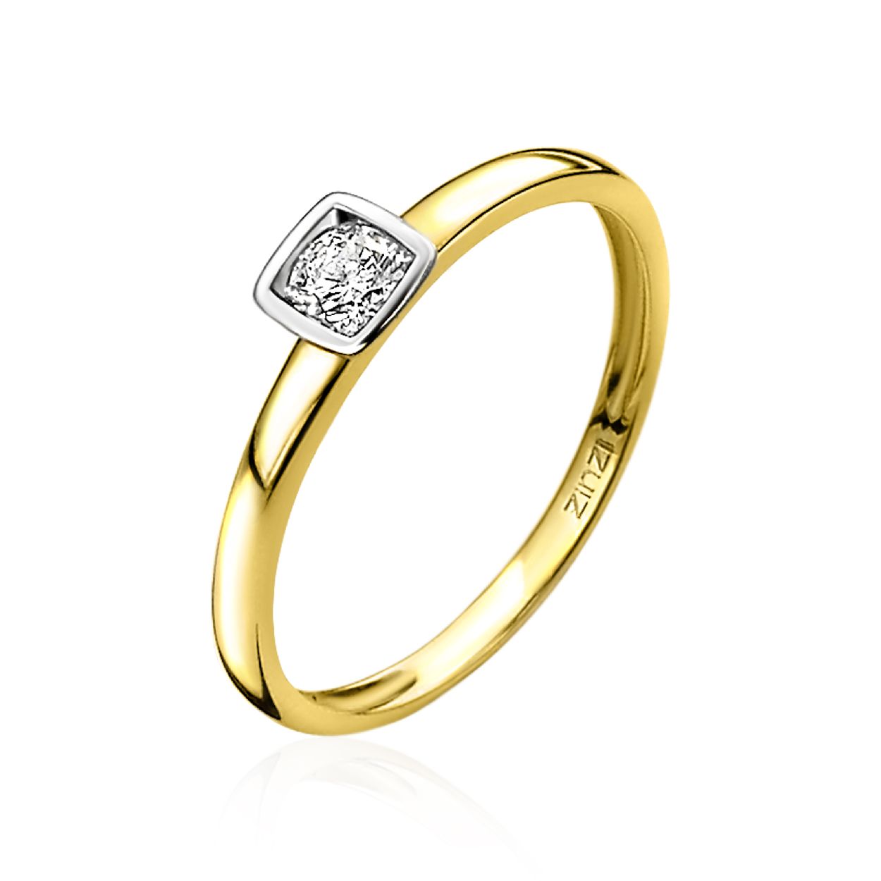 ZINZI Gold 14 karaat gouden gladde aanschuifring met een witgouden vierkante zetting. Deze is bezet met een schitterende witte zirconia. Gemakkelijk te combineren met andere ZINZI Gold aanschuifringen. Vervaardigd van geheel 14 karaat goud (585).