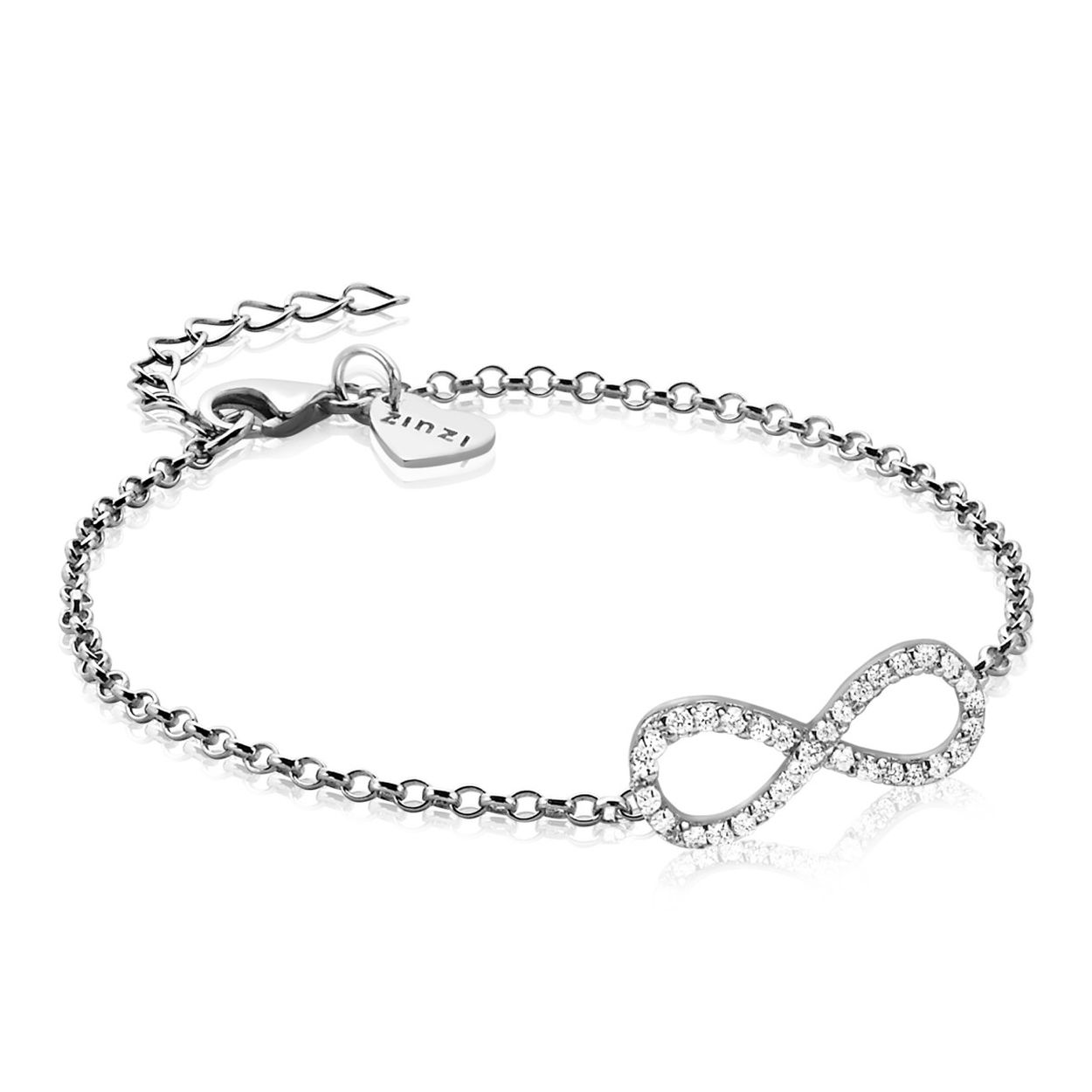 ZINZI zilveren armband met Infinity teken, vol gezet met witte zirconia's. "Infinity" is een mooi teken, dat staat voor de eeuwige liefde & eeuwige schoonheid. De lengte is te variëren tussen 17 en 20cm. Bij sluiting herkenbaar ZINZI, door het zilveren Zinzi hartje. Vervaardigd van eerste gehalte zilver (925) en met extra rodiumlaag voor een langdurige glans.