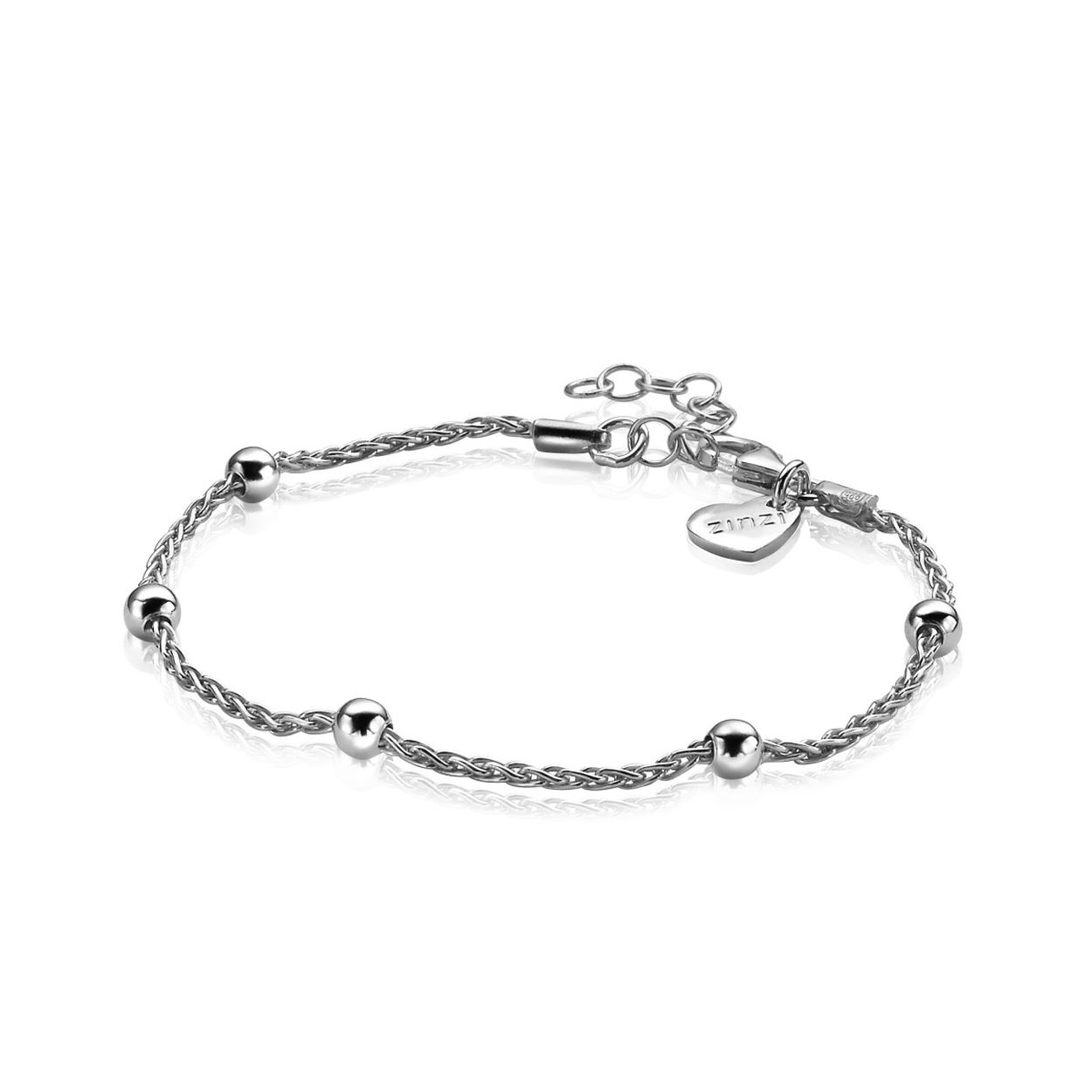 ZINZI zilveren armband met popcorn schakel en vijf zilveren beads. Met herkenbaar ZINZI hartje bij de sluiting. De lengte is te variëren tussen 17,5 en 20,5cm. Vervaardigd van eerste gehalte zilver (925) en met extra rodiumlaag voor een langdurige glans. Ook verkrijgbaar in rosé- of geel verguld. Perfect te combineren met elkaar.