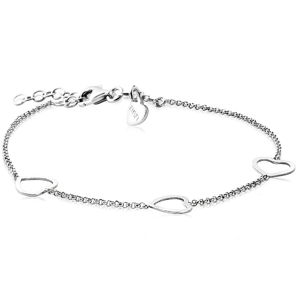 ZINZI zilveren armband met fantasie schakels gecombineerd met drie open harten. Met herkenbaar Zinzi hartje bij de sluiting. De lengte is te variëren tussen 17 en 20cm. Vervaardigd van eerste gehalte zilver (925) en met extra rodiumlaag voor een langdurige glans. Ook leuk in combinatie met andere zilveren armbandjes!
Zinzi zilveren armband hart 17-20cm ZIA1188
