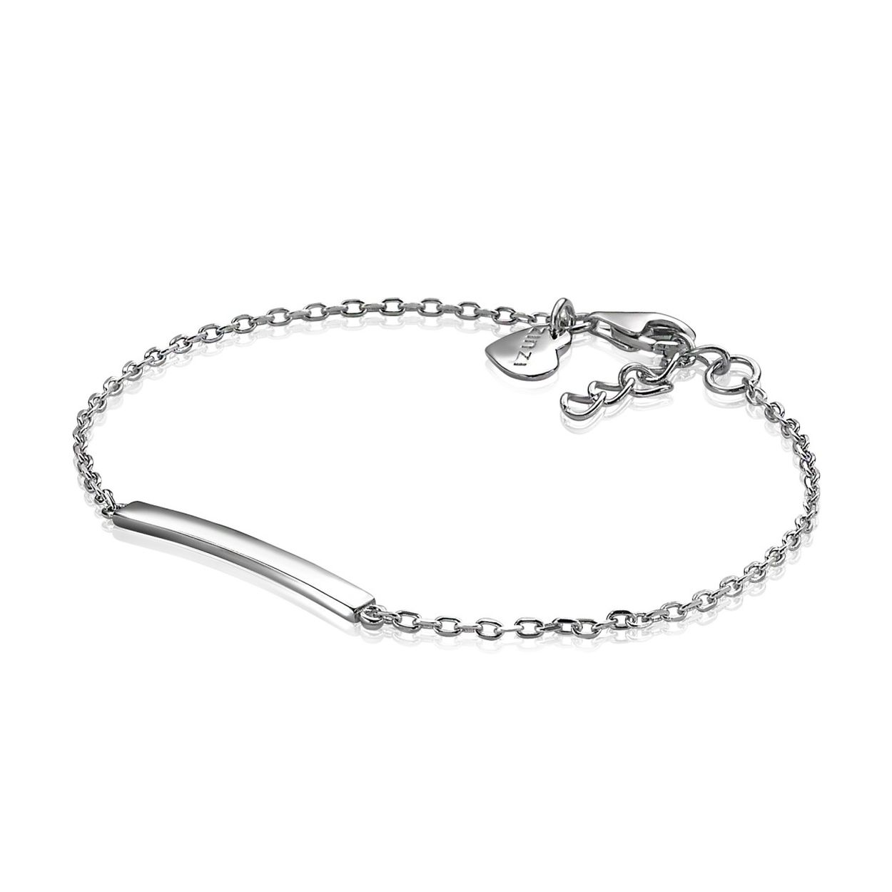 ZINZI zilveren armband met stevige anker-schakels en in het midden trendy glanzend recht plaatje. Met herkenbaar Zinzi hartje bij de sluiting. De lengte is te variëren tussen 17 en 19cm. Gemakkelijk te combineren met andere zilveren armbanden van Zinzi. De armband is vervaardigd van eerste gehalte zilver (925) en voorzien van een extra rodiumlaag voor een langdurige glans.