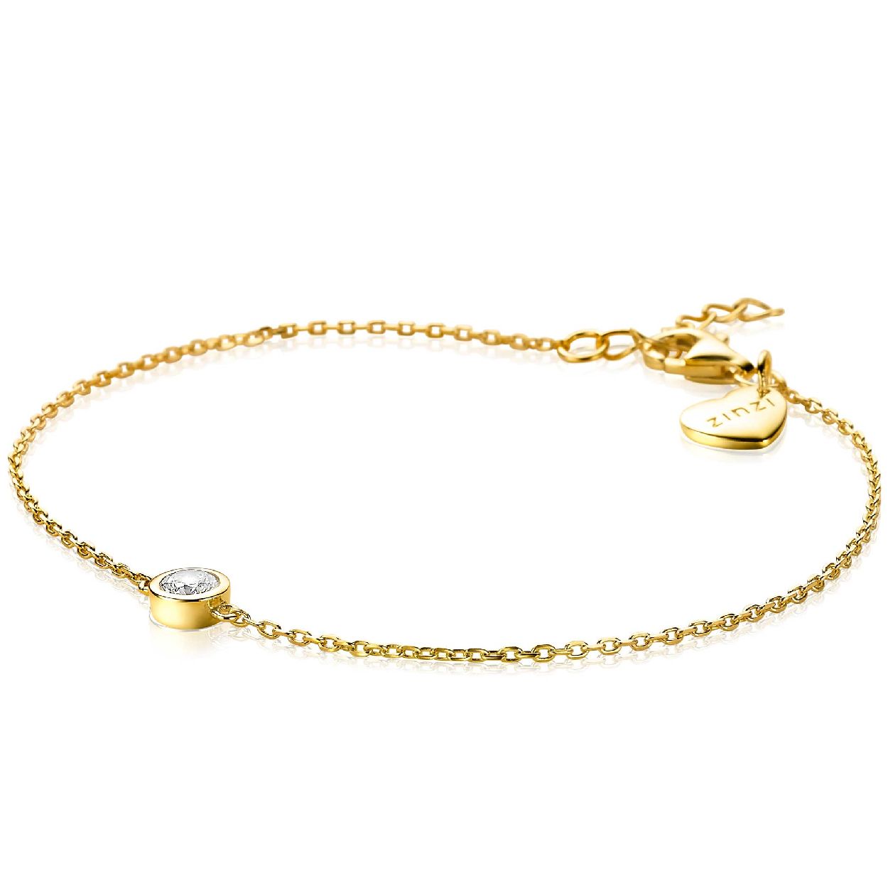 ZINZI zilveren armband in 14K geel verguld met anker-schakels en in het midden een schitterende ronde hanger bezet met een ronde witte zirconia. Met herkenbaar Zinzi hartje bij de sluiting. De armband is vervaardigd van eerste gehalte zilver (925) en extra 14K geel verguld.