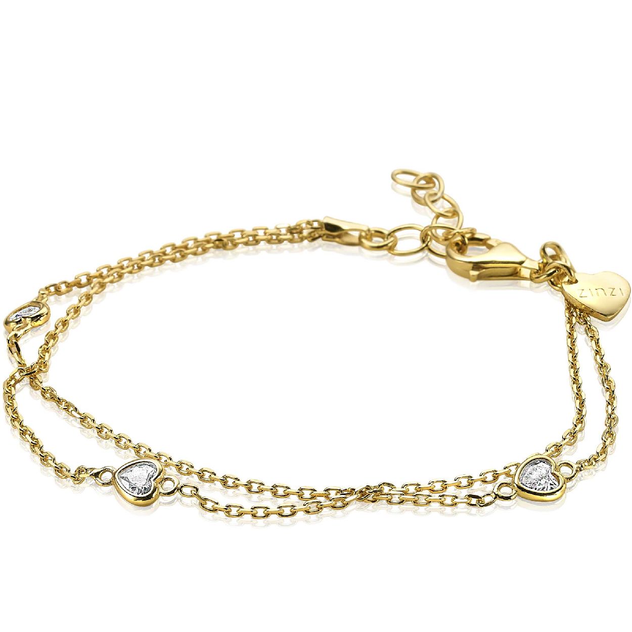 ZINZI zilveren dubbele armband geel verguld, waarbij over beide armbanden hartjes zettingen met witte zirconia's verdeeld zijn. Dit 2-in-1 model heeft een mooi en schitterend effect om je pols! De armband is 17 tot 20cm lang. Met herkenbaar ZINZI hartje bij de sluiting. Vervaardigd van eerste gehalte zilver (925) en extra geel verguld.
