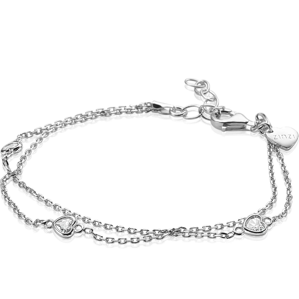 ZINZI zilveren dubbele armband, waarbij over beide armbanden hartjes zettingen met witte zirconia's verdeeld zijn. Dit 2-in-1 model heeft een mooi en schitterend effect om je pols! De armband is 17 tot 20cm lang. Met herkenbaar Zinzi hartje bij de sluiting. Vervaardigd van eerste gehalte zilver (925) en met extra rodiumlaag voor een langdurige glans.