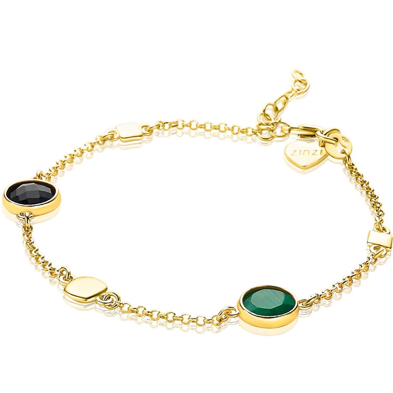 ZINZI zilveren armband geel verguld rond vierkant zwart groen ZIA1869