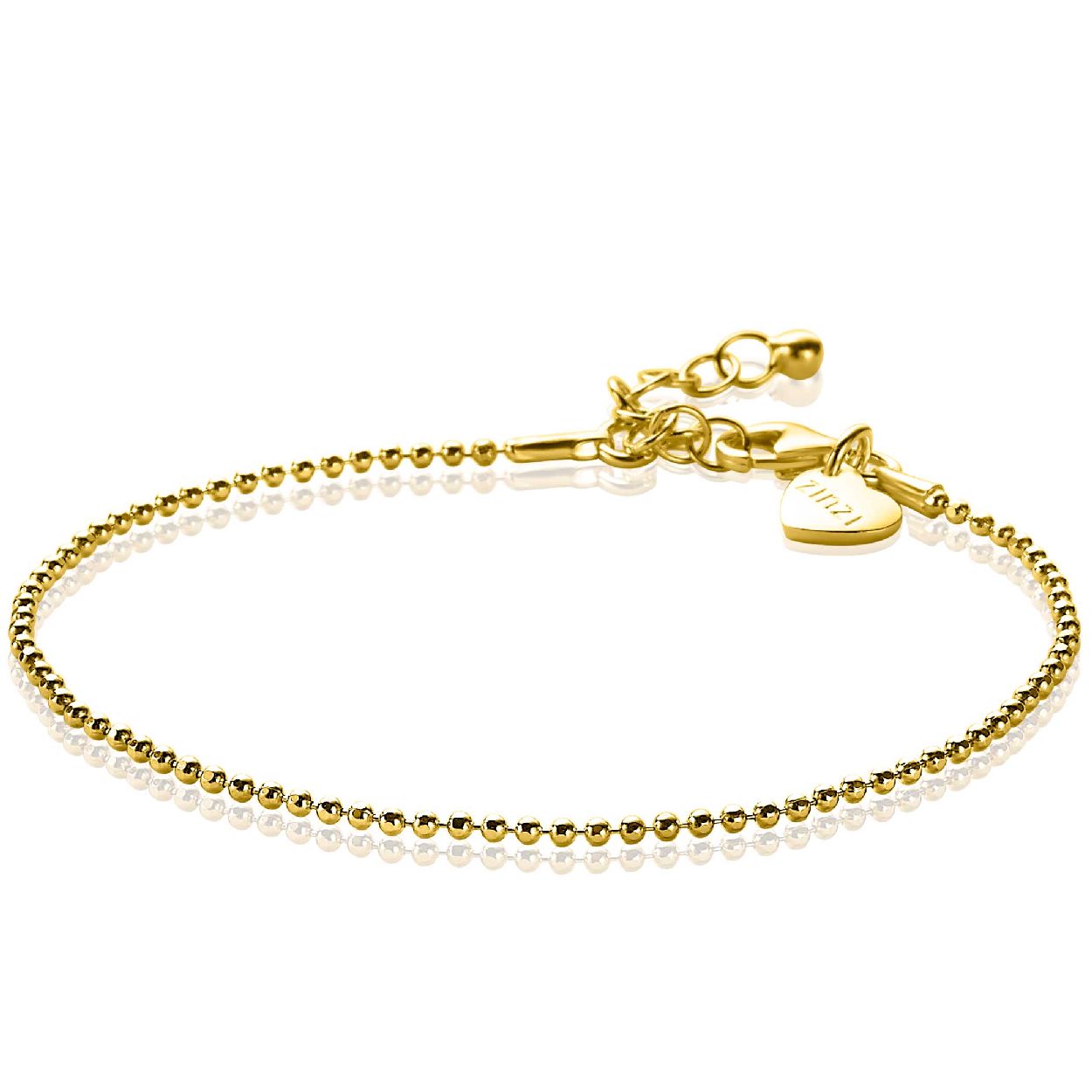 ZINZI zilveren bolletjes armband geel verguld met een breedte van 1,5mm. Een tijdloos model en ideaal om te combineren met andere armbanden uit de Zinzi collectie. De lengte is te variëren van 17 tot 19,5cm. Vervaardigd van eerste gehalte zilver (925) en extra geel verguld.