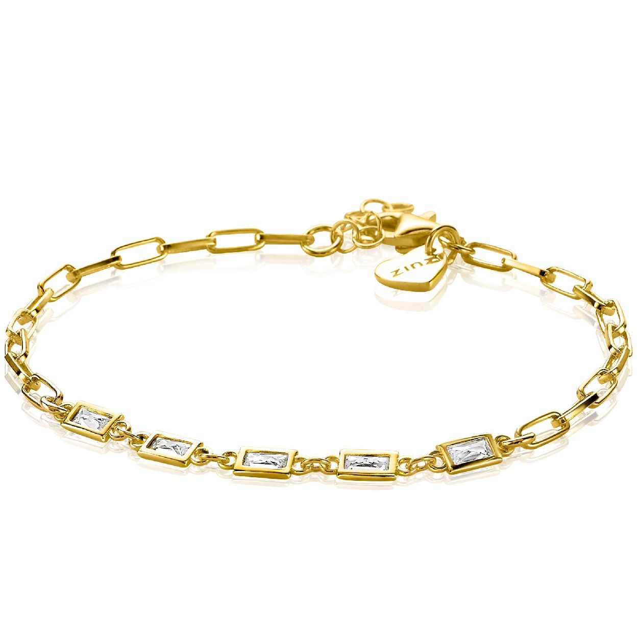 ZINZI zilveren armband in 14K geel verguld met paperclip schakels en baguette witte zirconia's ZIA1993G