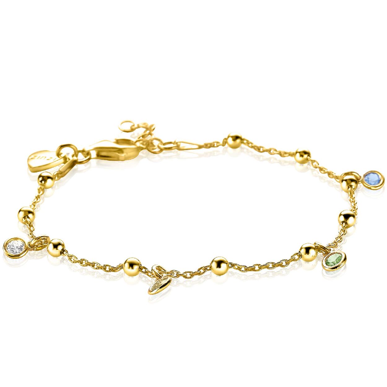 ZINZI zilveren fantasie armband in 14K geel verguld bolletjes rond wit champagne peridot blauw ZIA1996G