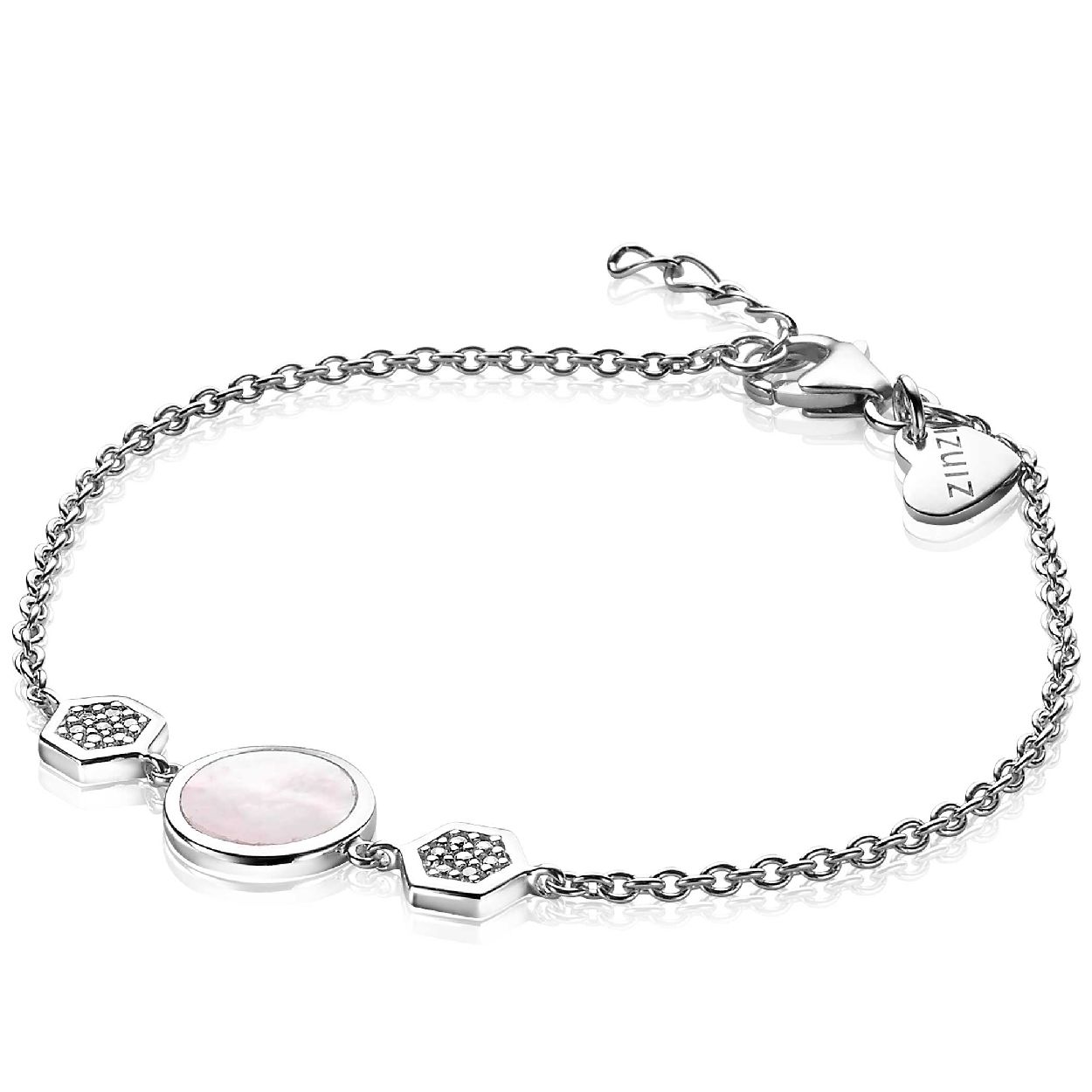 ZINZI zilveren schakel armband rond parelmoer zeshoek wit ZIA2011
