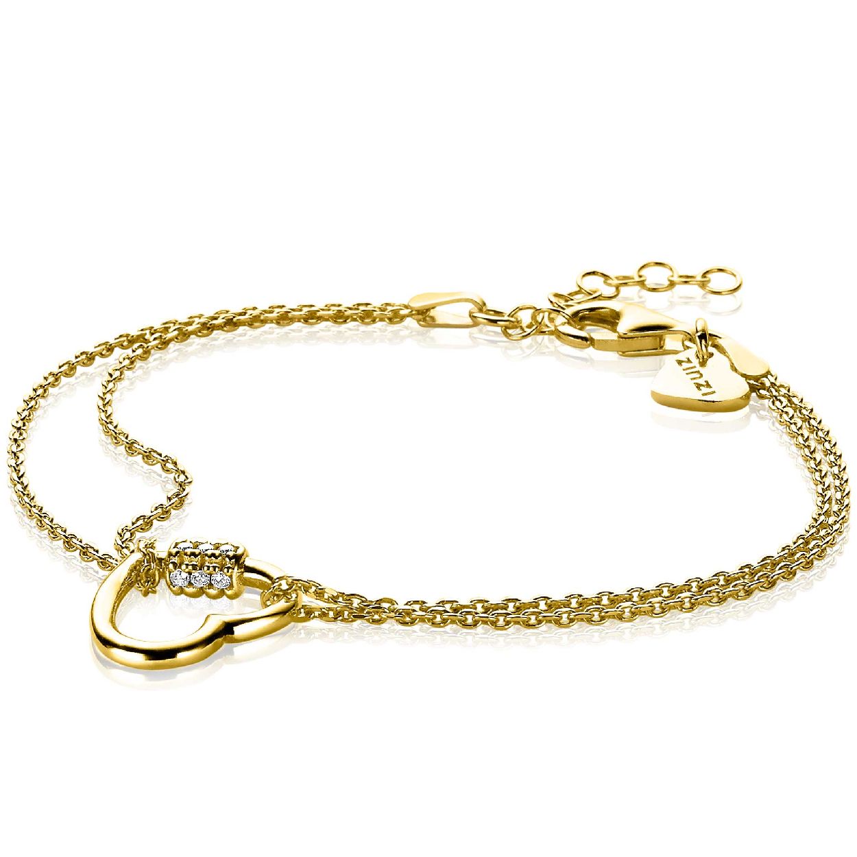 Goldplated armbandje van Zinzi met een hartje erin verwerkt waar een staafje op zit met zirkonia's.