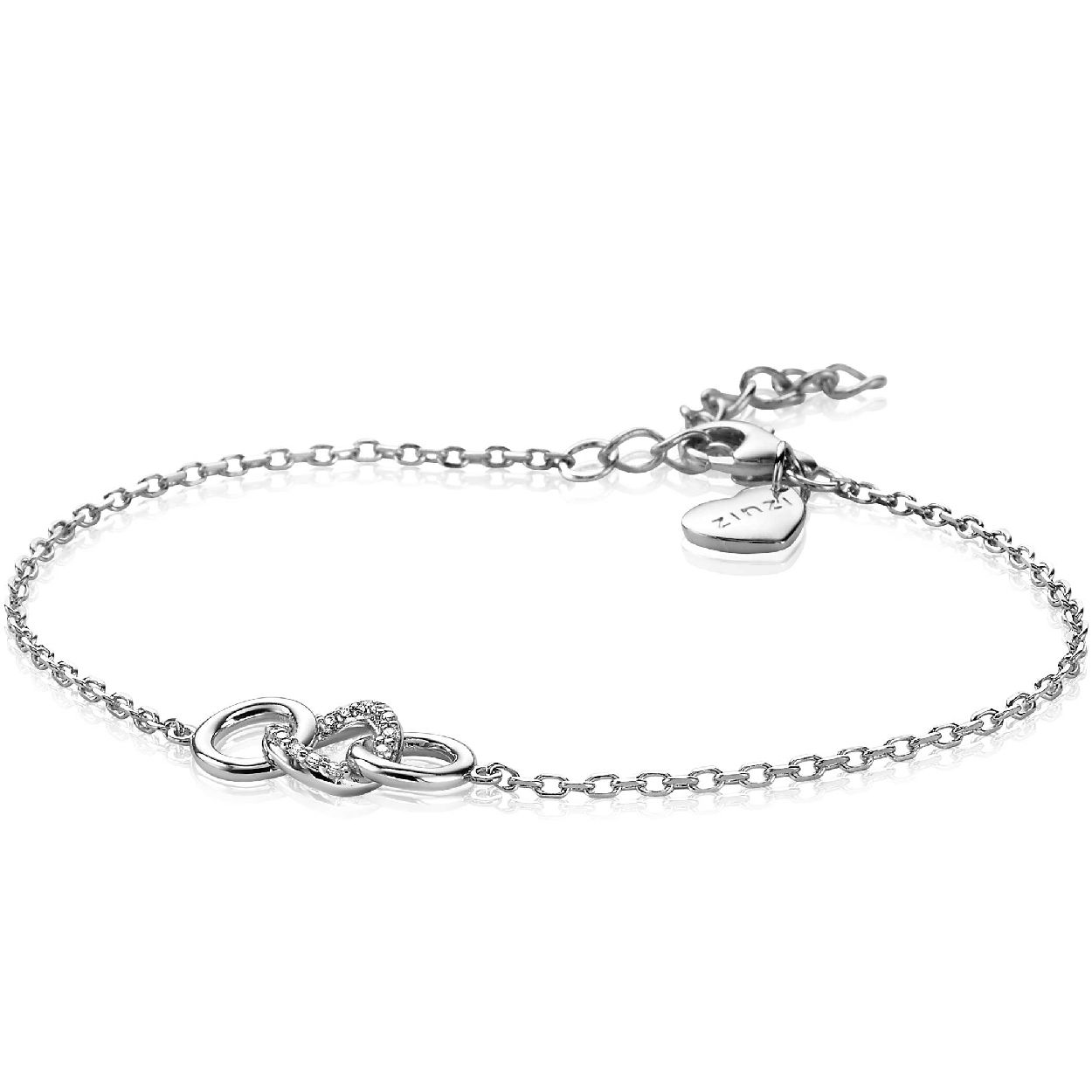 ZINZI zilveren armband geel verguld met in het midden drie mooie ronde schakels die met elkaar verbonden zijn. De middelste schakel (8 mm) is bezet met witte zirconia's en wordt sierlijk ingesloten door twee gladde schakels. De lengte is te variëren tussen 17 en 20 cm. Met herkenbaar Zinzi hartje bij de sluiting. Vervaardigd van eerste gehalte zilver (925) en voorzien van een extra rodiumlaag voor een langdurige glans.