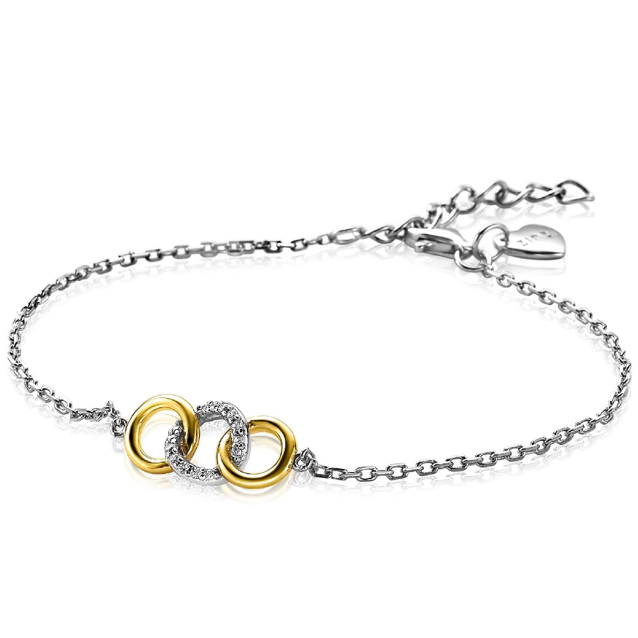 ZINZI zilveren armband geel verguld met in het midden drie mooie ronde schakels die met elkaar verbonden zijn. De middelste schakel (8 mm) is bezet met witte zirconia's en wordt sierlijk ingesloten door twee gladde schakels. De lengte is te variëren tussen 17 en 20 cm. Met herkenbaar Zinzi hartje bij de sluiting. Vervaardigd van eerste gehalte zilver (925) en voorzien van een extra rodiumlaag voor een langdurige glans.