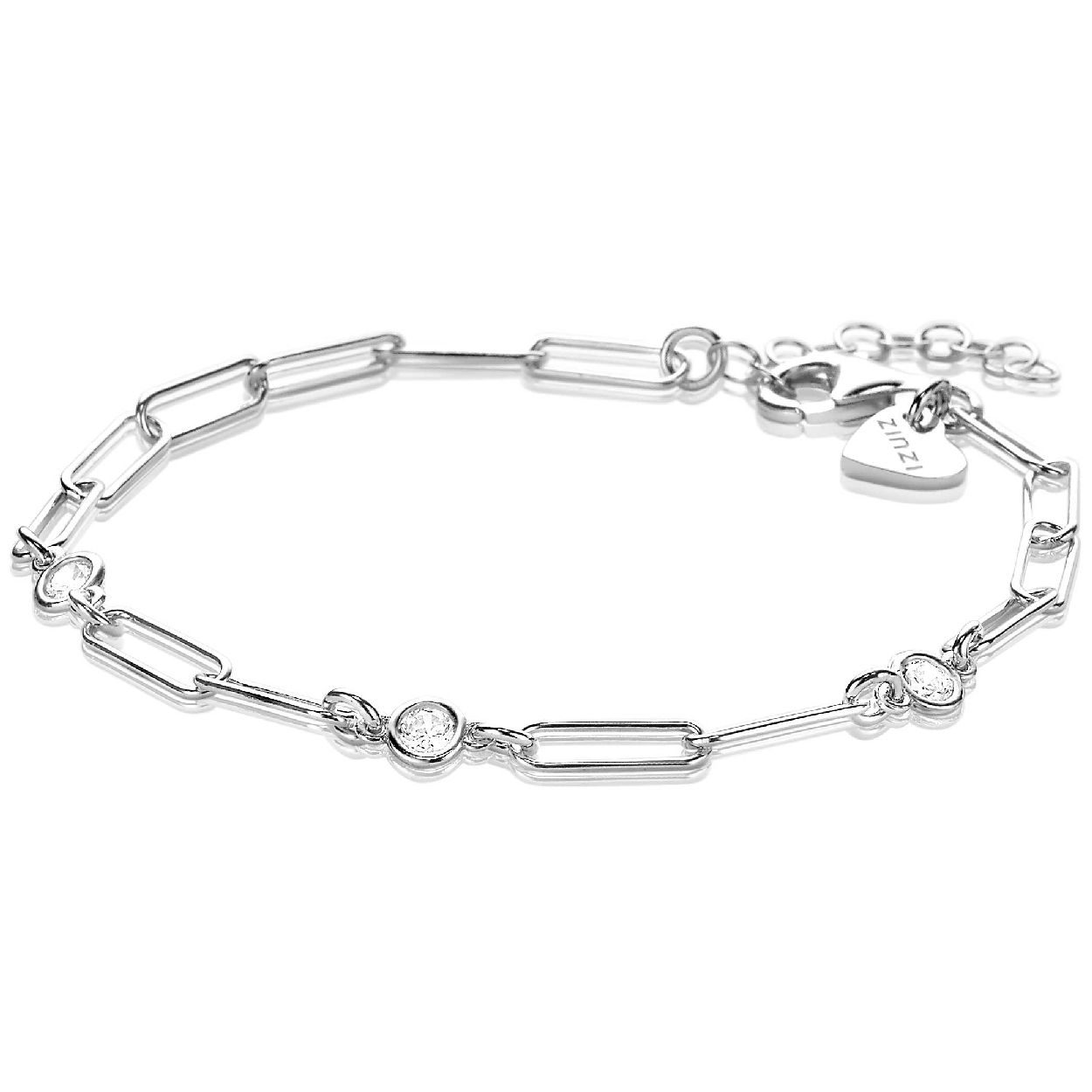 ZINZI zilveren armband met paperclip schakels, op drie plekken afgewisseld door ronde witte zirconia's. De lengte van deze armband is te variëren tussen 17 en 20 cm. Bij sluiting herkenbaar ZINZI, door het zilveren Zinzi hartje. Deze subtiele arband is charmant én stoer tegelijk. Vervaardigd van eerste gehalte zilver (925) en voorzien van een extra rodiumlaag voor een langdurige glans.