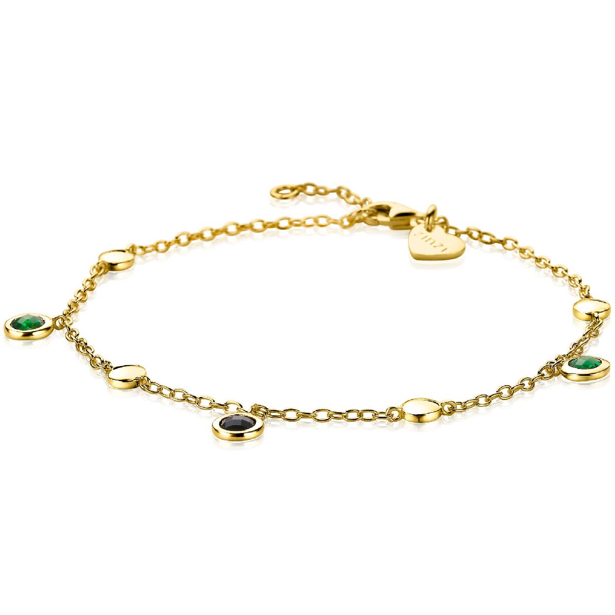 ZINZI zilveren armband met subtiele schakel, voorzien van vlakke rondjes en drie ronde bedels met groene en zwarte zirkonia's. De lengte van deze armband is te variëren tussen 18 en 20 cm. Bij de sluiting herkenbaar ZINZI, door het zilveren Zinzi hartje. Deze sierlijke armband maakt elke outfit compleet en laat zich bovendien prachtig combineren! Vervaardigd van eerste gehalte zilver (925) en extra 14K geel verguld.