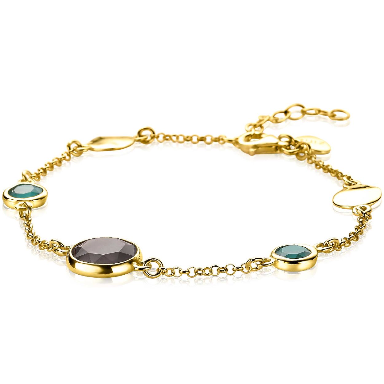 ZINZI zilveren fantasie armband 14K geel verguld met ronde zettingen groen/zwart/goud 17-20 cm ZIA2108