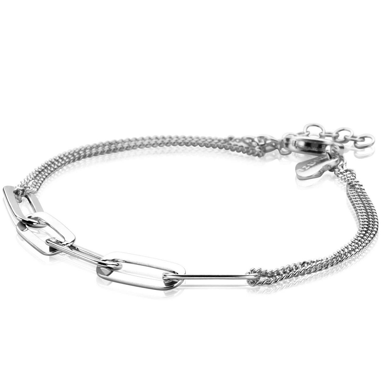 ZINZI zilveren armband met dubbele ketting van fijne schakels en zeven grote paperclip schakels in het midden. De lengte van dit sieraad is te variëren van 17 tot 19 cm. Deze armband is stijlvol én stoer tegelijk en daardoor zeker geschikt voor elke gelegenheid.