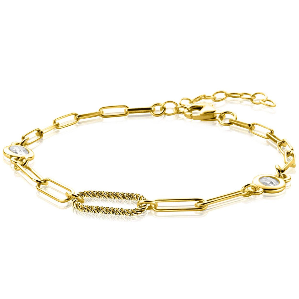 ZINZI zilveren armband extra 14K geel verguld paperclip schakel met witte ronde zirconia's ZIA2264G