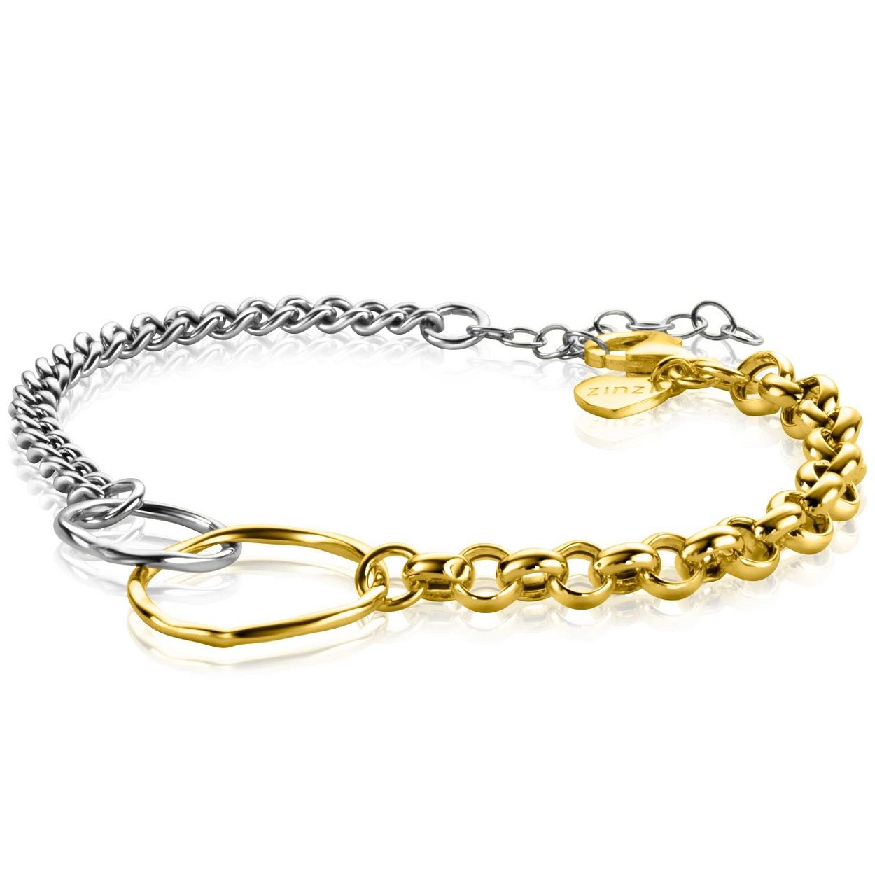 ZINZI zilveren armband met trendy gourmet en gold plated jasseron schakels. Sierlijk met elkaar verbonden door twee gehamerde ronde vormen. De imperfectie van de ronde vormen is een fashion-statement. De lengte is te variëren tussen 17 en 20cm. Met herkenbaar Zinzi hartje bij de sluiting. Vervaardigd van eerste gehalte zilver (925) en met extra rodiumlaag voor een langdurige glans/ extra 14K geel vergulding.