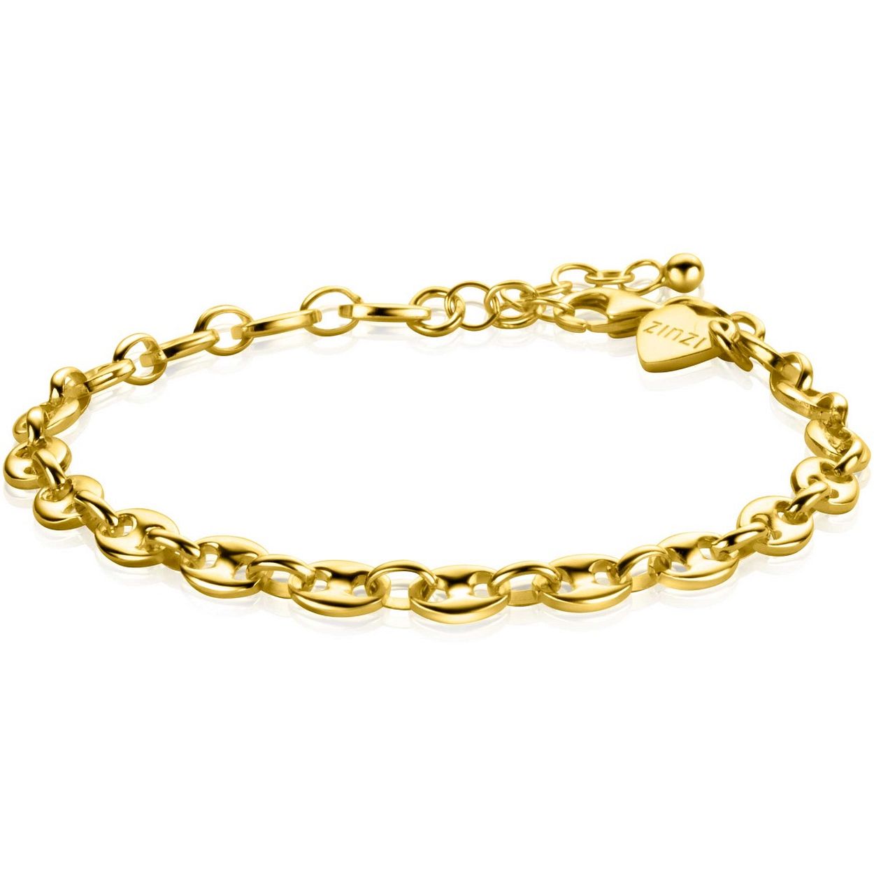 ZINZI gold plated zilveren koffieboon schakelarmband van 5mm breed. Valt sierlijk om iedere pols. De lengte van de armband is te variëren tussen 17 en 20cm door het handige verlengkettinkje. Bij sluiting herkenbaar ZINZI, door het zilveren Zinzi hartje. Vervaardigd van eerste gehalte zilver (925) en voorzien van een extra 14K geel vergulding