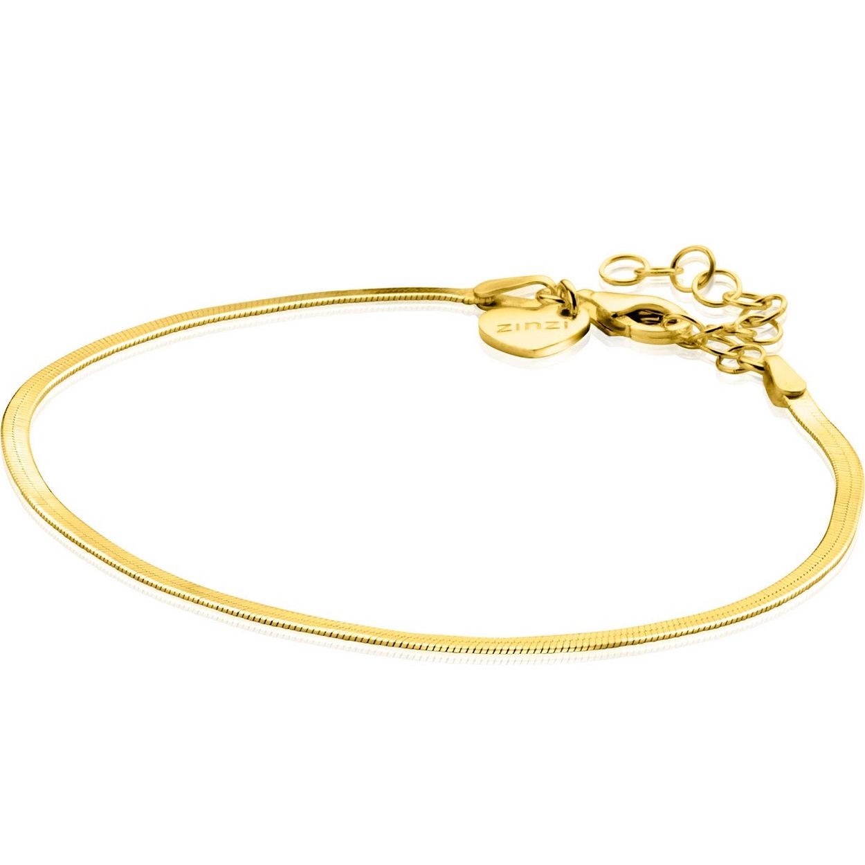 ZINZI gold plated zilveren platte slangen-armband van 1,9mm breed. Valt sierlijk om iedere pols. De lengte van de armband is te variëren tussen 16,5 en 19,5cm door het handige verlengkettinkje.Bij sluiting herkenbaar ZINZI, door het zilveren Zinzi hartje. Vervaardigd van eerste gehalte zilver (925) en voorzien van een extra 14K geel vergulding.