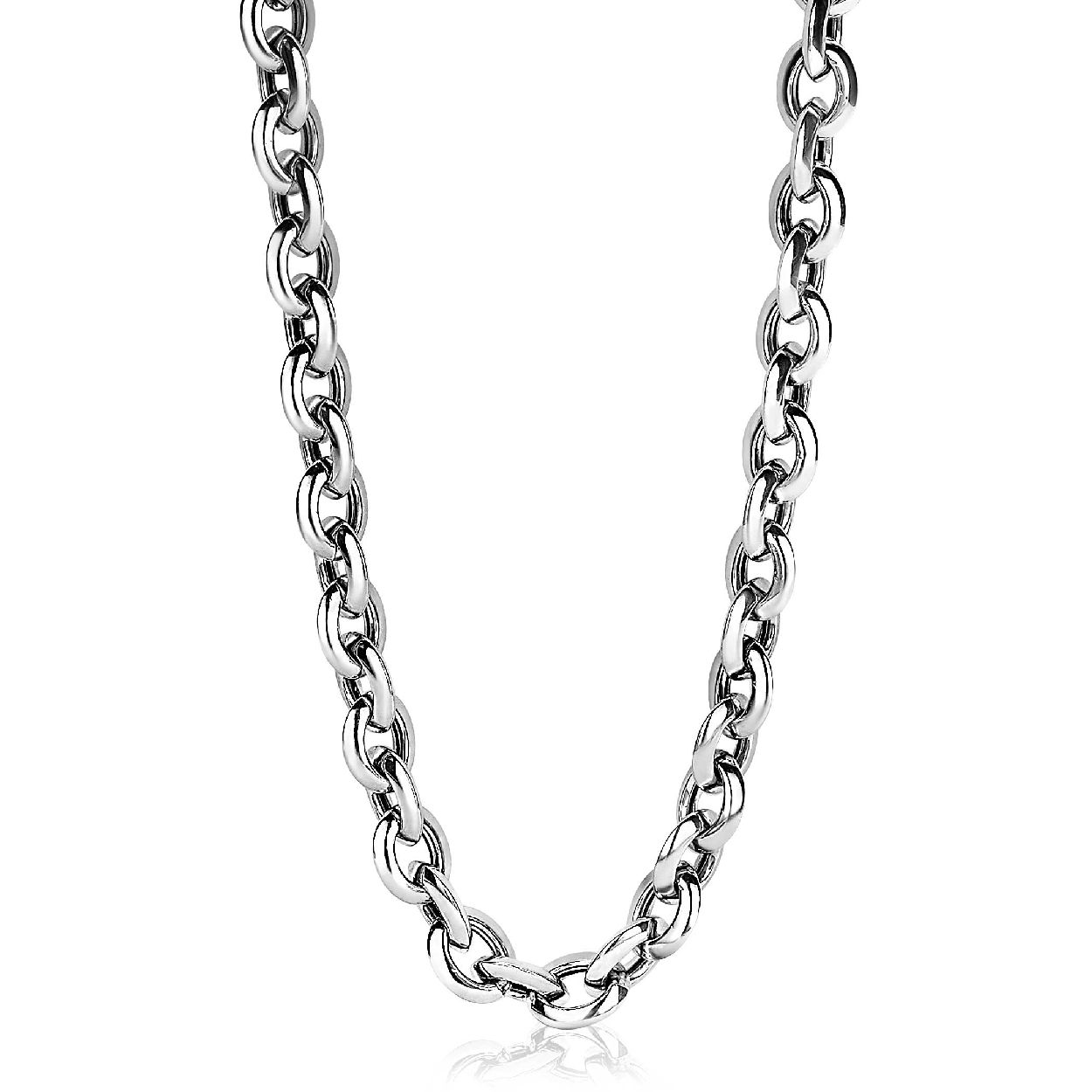 ZINZI zilveren schakelcollier met brede ovale schakels (6mm). Lengte van het collier is 45cm. Bij sluiting herkenbaar ZINZI, door het zilveren Zinzi hartje. Vervaardigd van eerste gehalte zilver (925) en met extra rodiumlaag voor een langdurige glans.