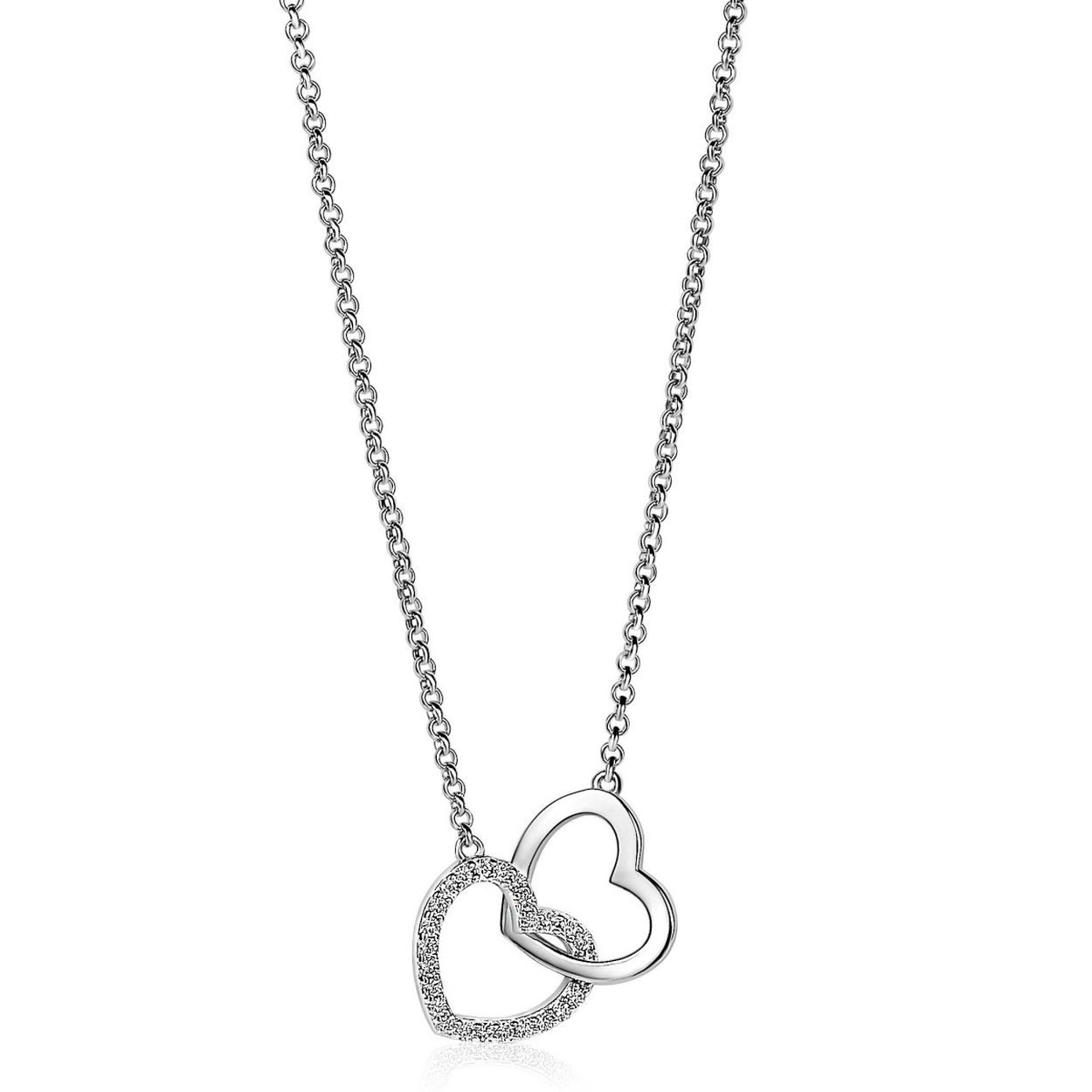 ZINZI zilveren trendy ketting 45cm, waarbij in het midden twee harten mooi met elkaar verbonden zijn: een glad open hartje (11mm) en een open hartje bezet met witte zirconia's. De lengte is te variëren tussen 42 en 45cm. Met herkenbaar Zinzi hartje bij de sluiting. Vervaardigd van eerste gehalte zilver (925) en met extra rodiumlaag voor een langdurige glans.