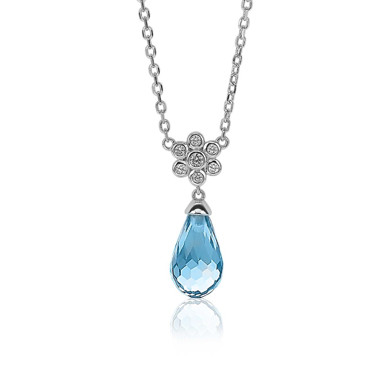 ZINZI zilveren ketting bloem druppel blauw 45cm ZIC1833B