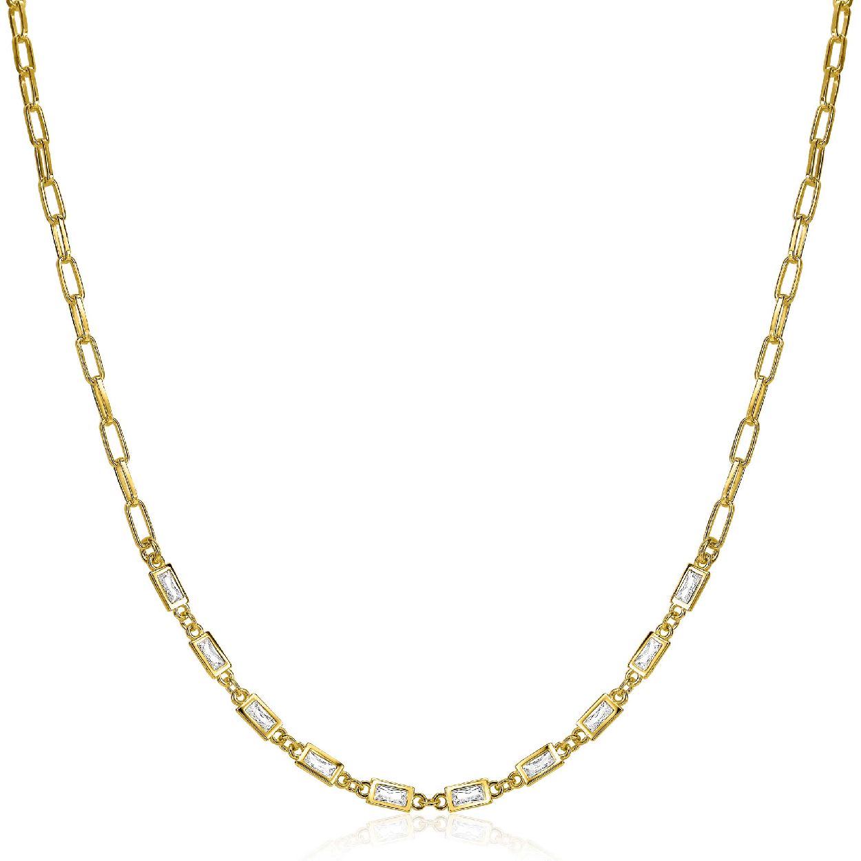 ZINZI zilveren ketting 45cm in 14K geel verguld met trendy 'paperclip' schakels en in het midden bezet met tien witte baquette zirconia's. De lengte van de ketting is te variëren van 40 tot 45cm. Met herkenbaar Zinzi hartje bij de sluiting. De ketting is vervaardigd van eerste gehalte zilver (925) en voorzien van een extra rodiumlaag voor een langdurige glans.