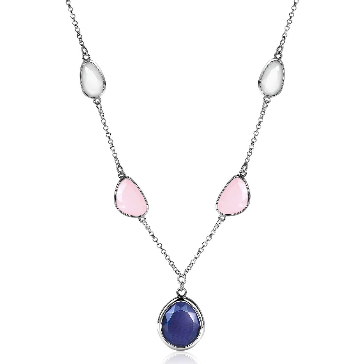 ZINZI zilveren collier 45cm met witte, zachtroze en blauwe kleurstenen in trendy vormen ZIC1998