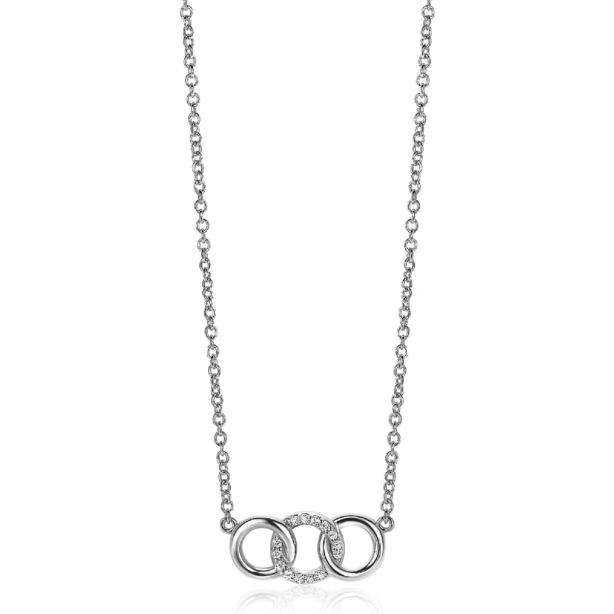 ZINZI zilveren ketting 45cm met 3 open rondjes verbonden wit ZIC2045