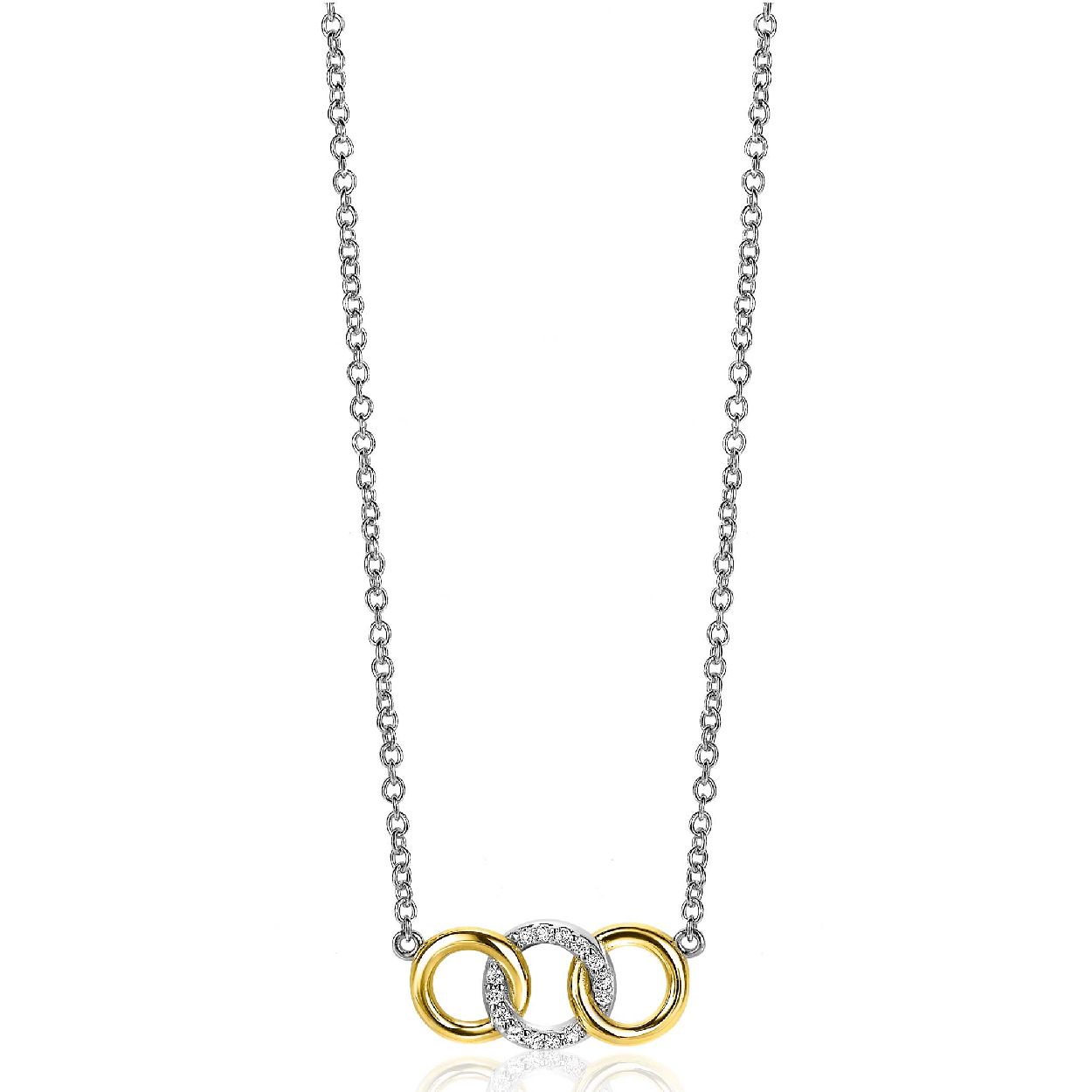 ZINZI zilveren ketting 45cm geel verguld met in het midden drie mooie ronde schakels, die met elkaar verbonden zijn. De middelste schakel (8mm) is bezet met witte zirconia's en wordt sierlijk ingesloten door twee gladde schakels. De lengte is te variëren tussen 42 en 45 cm. Met herkenbaar Zinzi hartje bij de sluiting. Vervaardigd van eerste gehalte zilver (925) en en extra 14K geel verguld.
