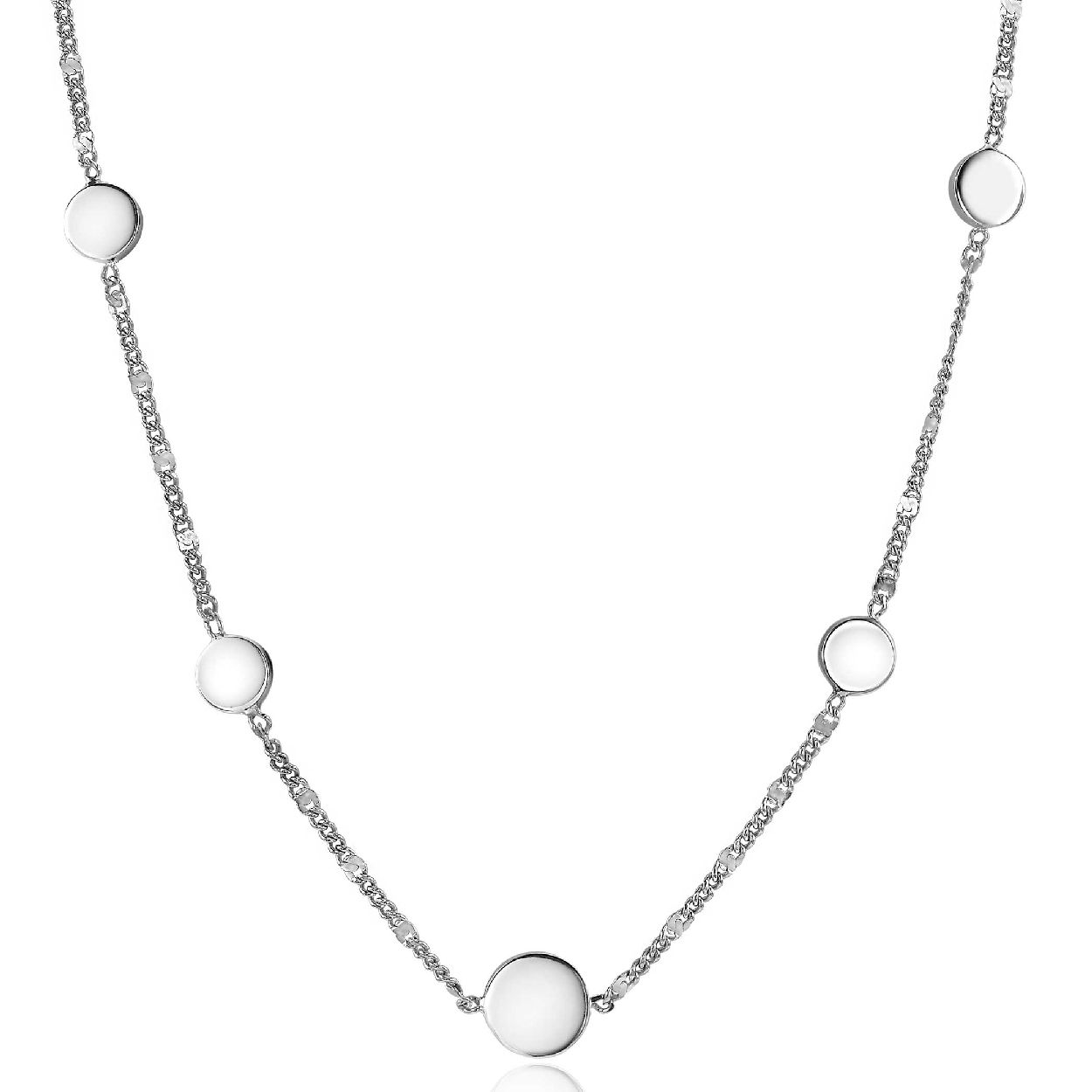 ZINZI zilveren ketting 45cm met gourmet schakels, afgewisseld door vijf ronde, glanzende plaatjes waarvan de middelste iets groter is. Vervaardigd van eerste gehalte zilver (925) en voorzien van een extra rodiumlaag voor een langdurige glans.