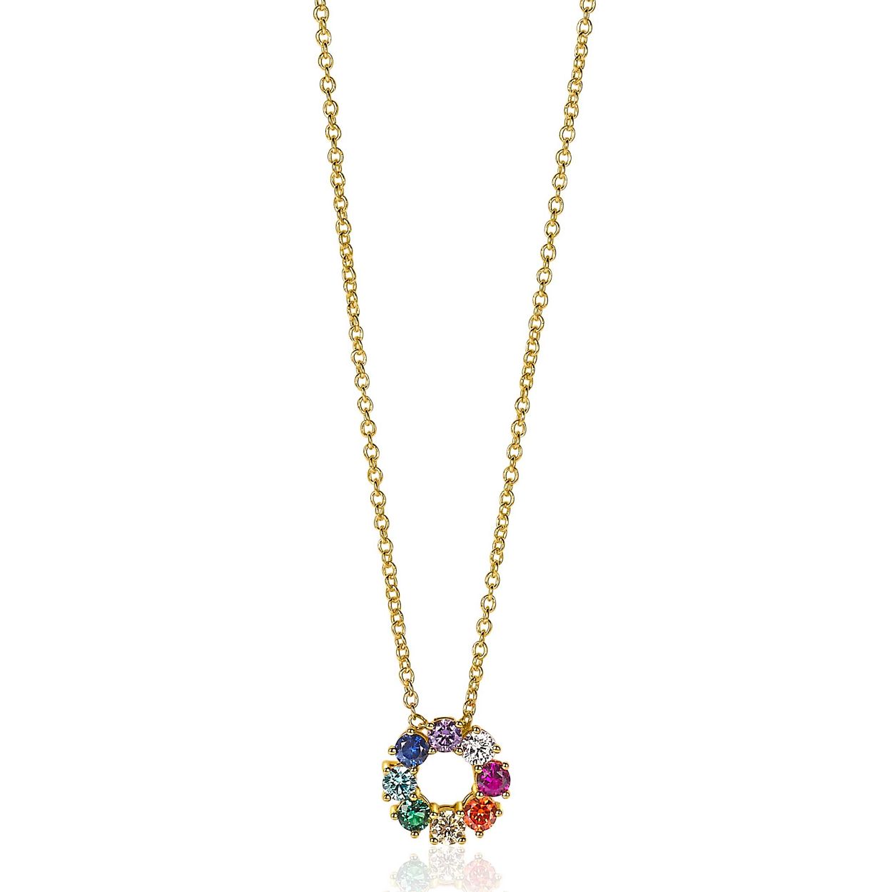 ZINZI zilveren ketting 14K geel verguld 12mm ronde hanger regenboog ZIC2172