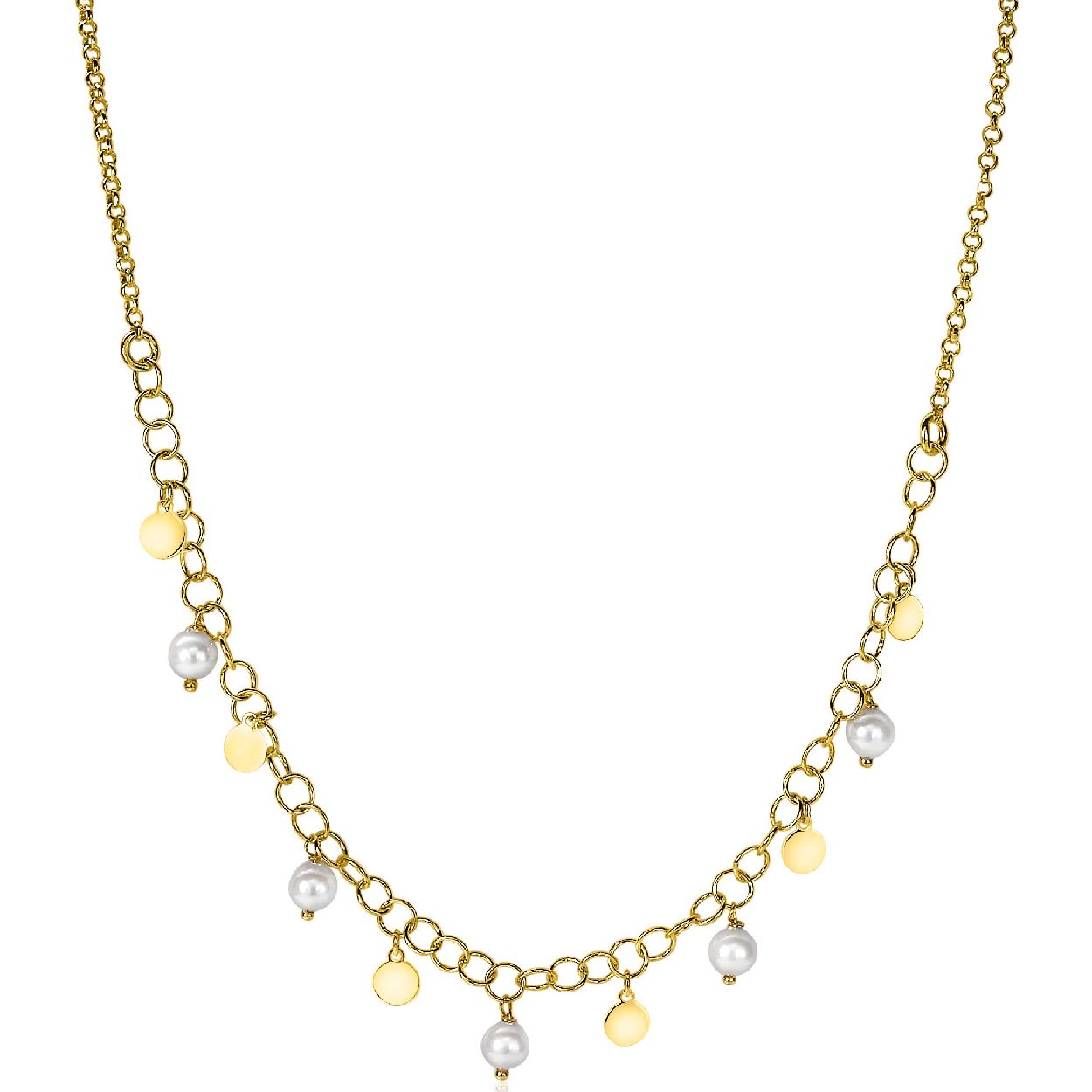 ZINZI zilveren fantasie ketting 14K geel verguld ronde schakels witte parels 40-45cm ZIC2186G