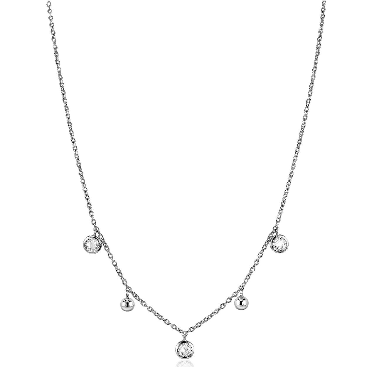 ZINZI zilveren ketting met vijf bedels, afgewisseld bolletjes en ronde witte zirconia hangertjes. De lengte van de ketting is 45cm. Bij sluiting herkenbaar ZINZI, door het zilveren Zinzi hartje. Maak je look compleet met de bijbehorende armband en oorhangers! Vervaardigd van eerste gehalte zilver (925) en voorzien van een extra rodiumlaag voor een langdurige glans.
